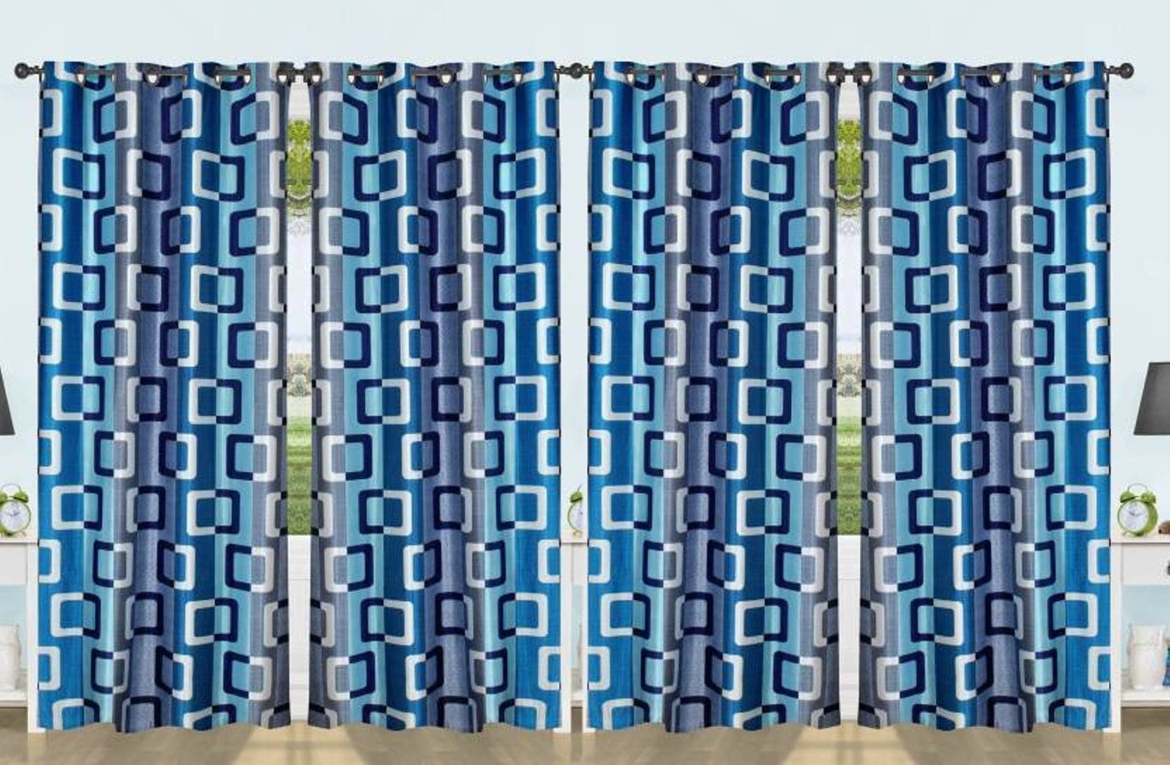 N2C Home Floral Semi-Transparent Eyelet Curtain 9 ft ( Pack of 4 ) - Blue