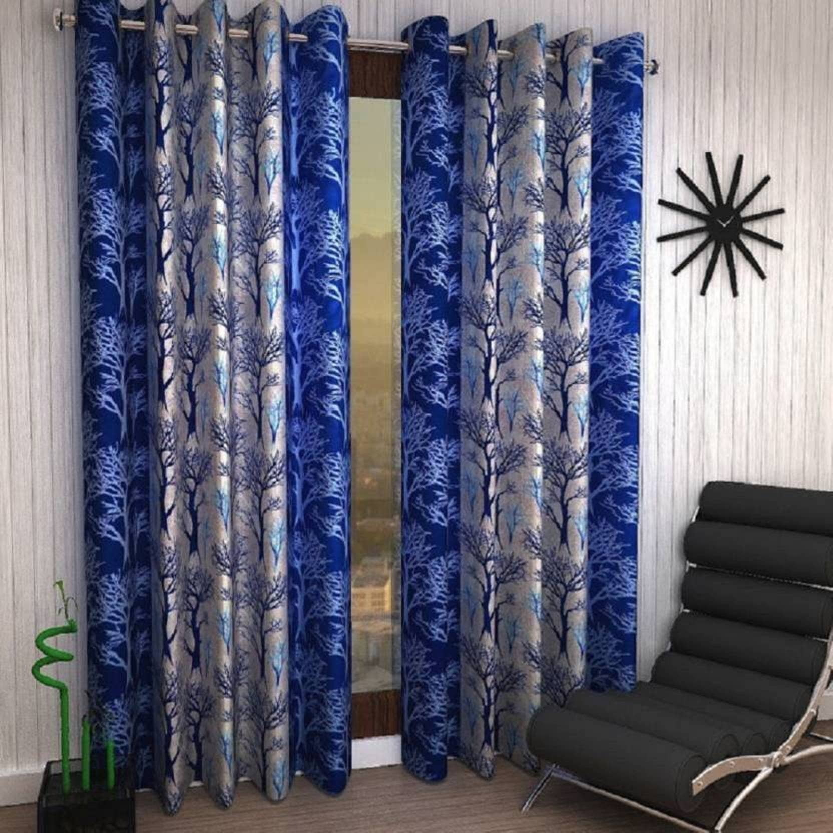 N2C Home Floral Semi-Transparent Eyelet Curtain 7 ft ( Pack of 2 ) - Blue