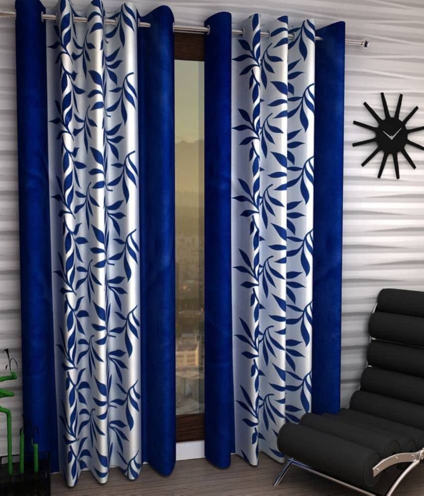 N2C Home Floral Semi-Transparent Eyelet Curtain 7 ft ( Pack of 2 ) - Blue