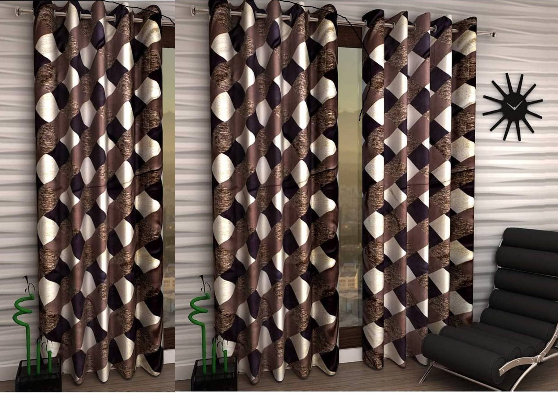     			N2C Home Floral Semi-Transparent Eyelet Curtain 7 ft ( Pack of 3 ) - Brown