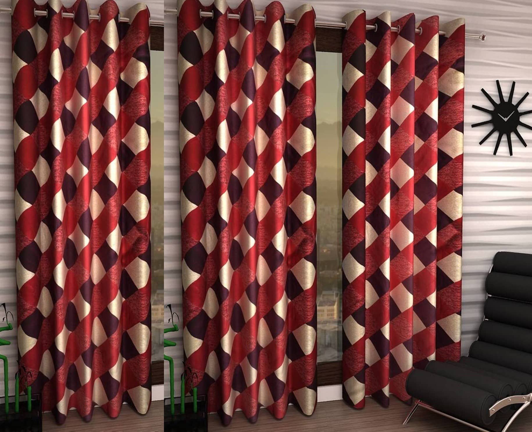 N2C Home Floral Semi-Transparent Eyelet Curtain 7 ft ( Pack of 3 ) - Red