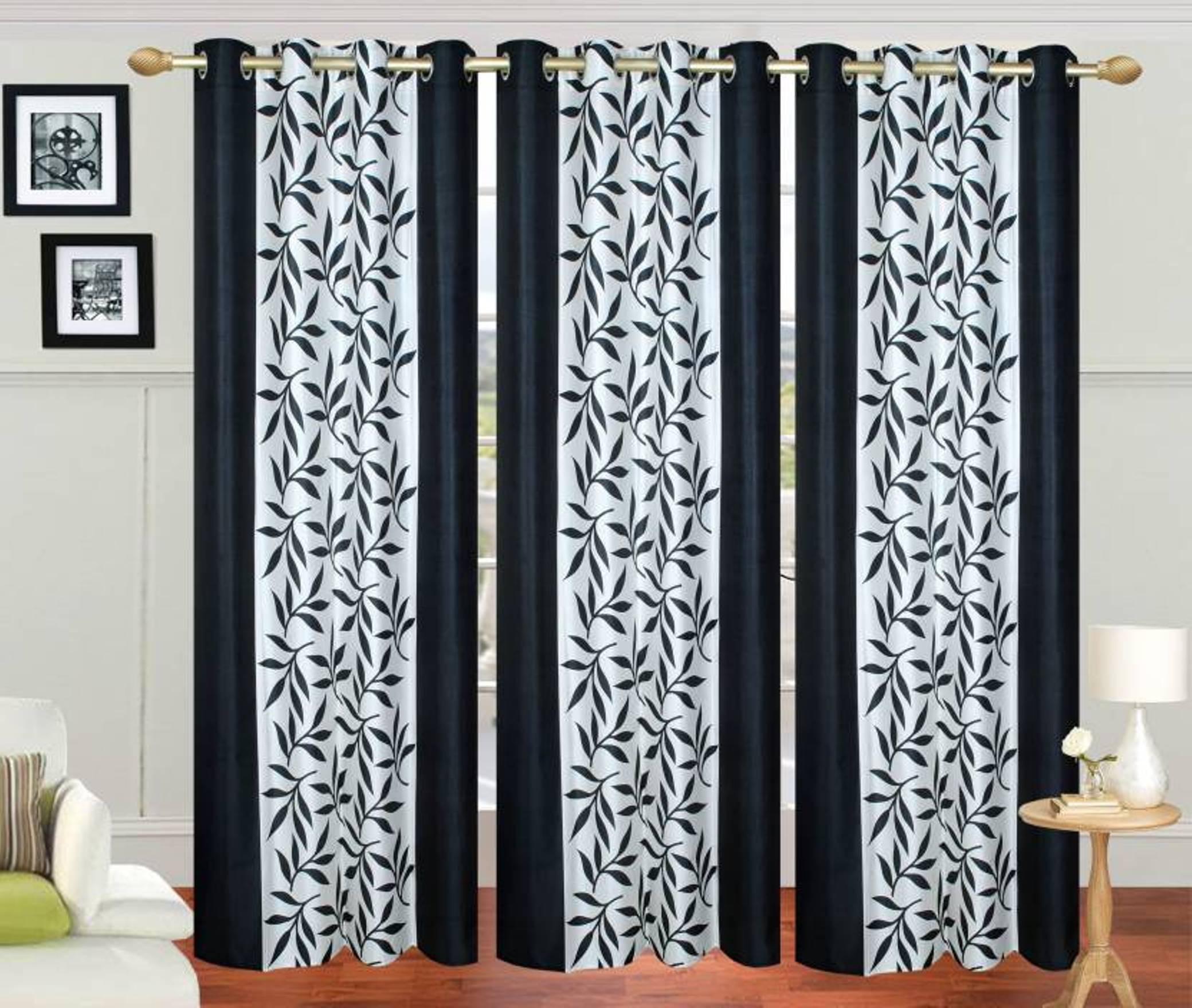     			N2C Home Floral Semi-Transparent Eyelet Curtain 7 ft ( Pack of 3 ) - Black