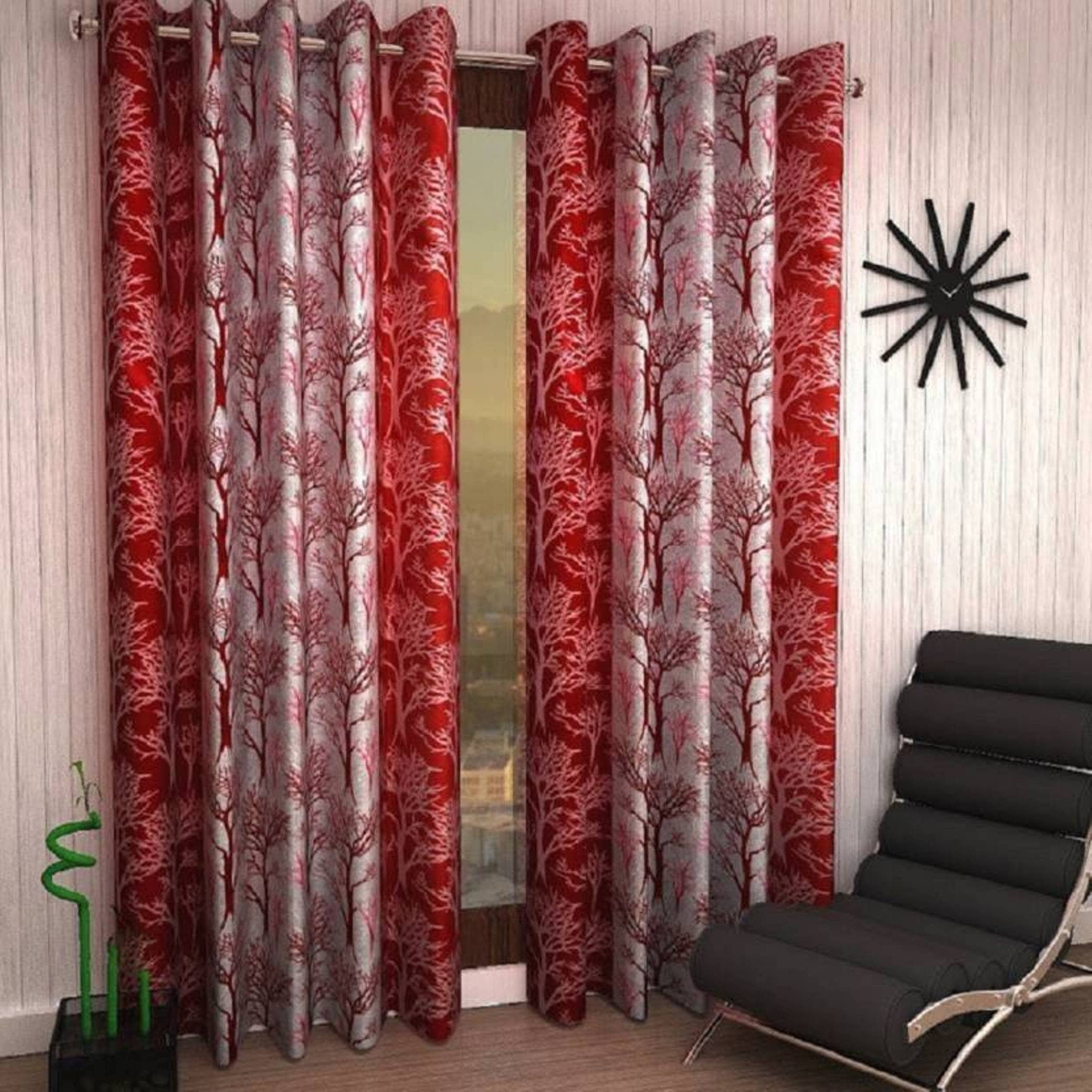 N2C Home Floral Semi-Transparent Eyelet Curtain 7 ft ( Pack of 2 ) - Maroon