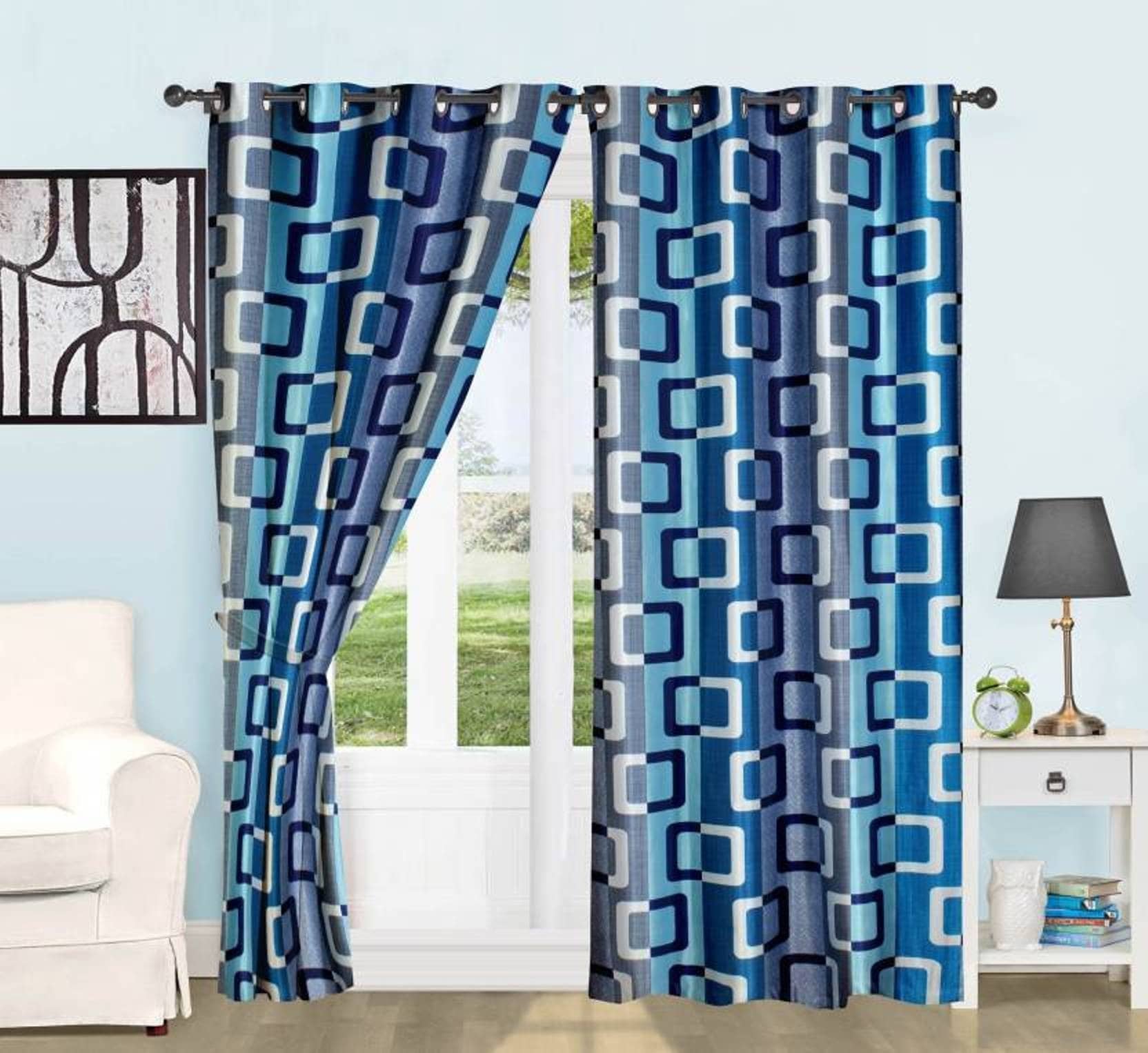 N2C Home Floral Semi-Transparent Eyelet Curtain 5 ft ( Pack of 2 ) - Blue