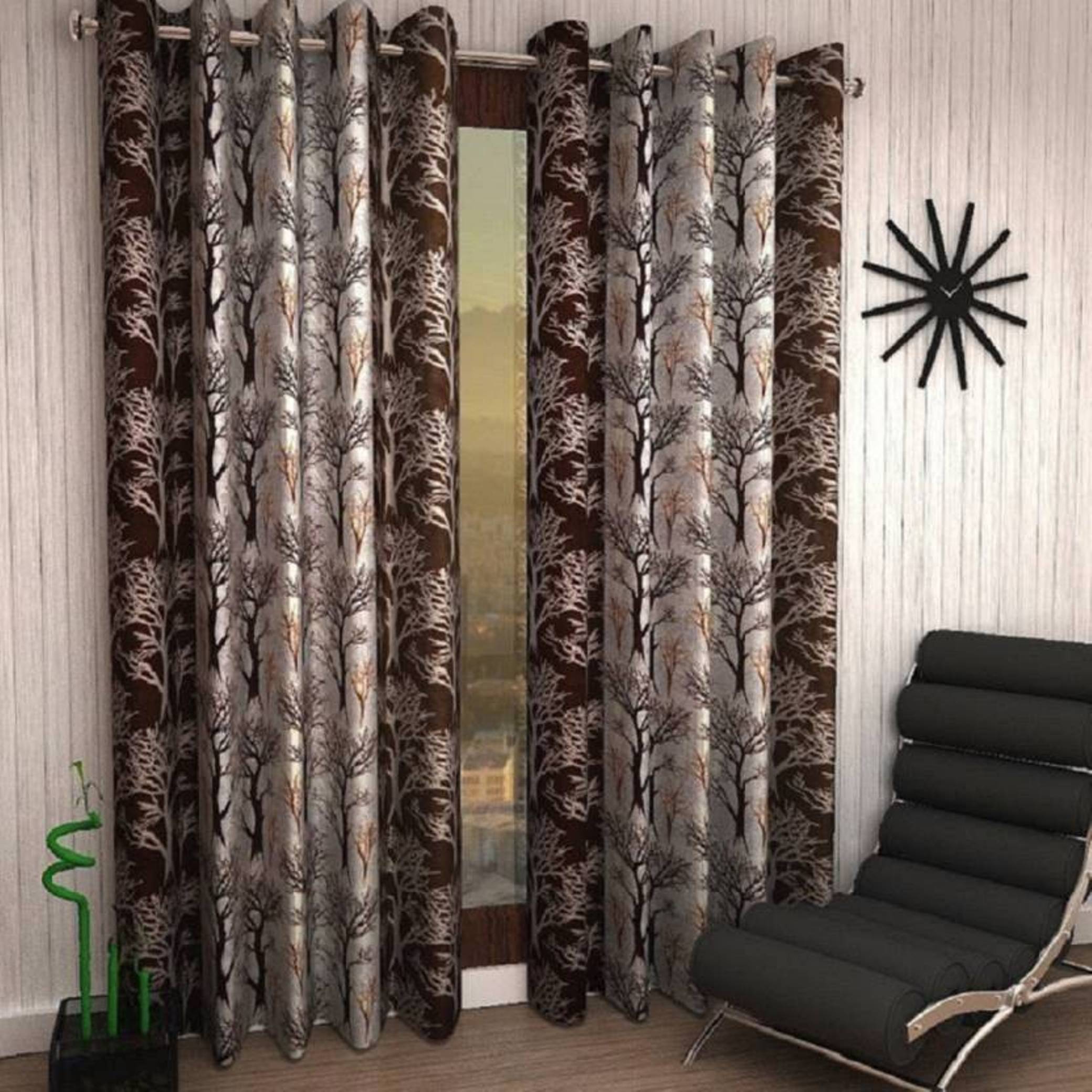 N2C Home Floral Semi-Transparent Eyelet Curtain 7 ft ( Pack of 2 ) - Brown N2C Home Floral Semi-Transparent Eyelet Curtain 7 ft ( Pack of 2 ) - Brown