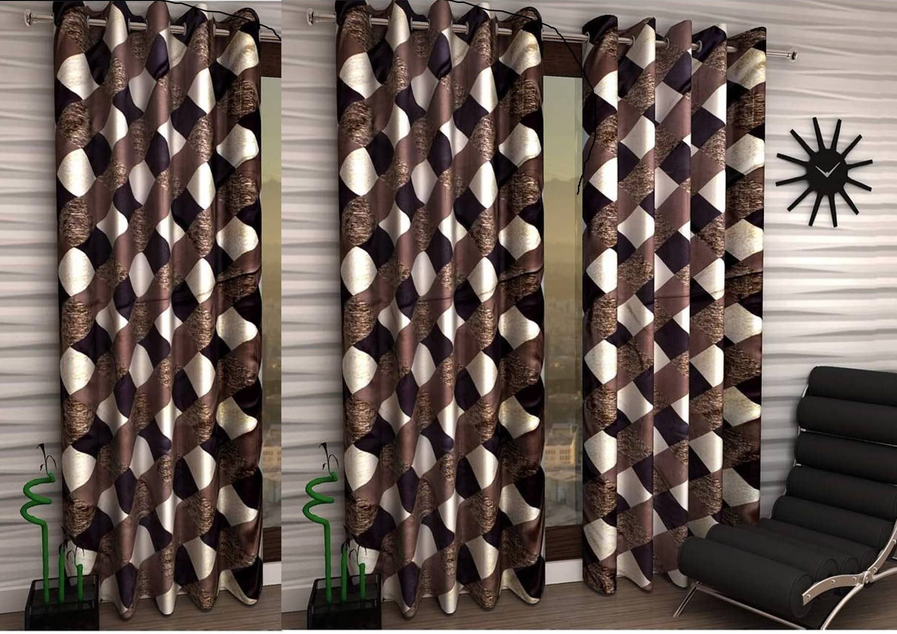 N2C Home Floral Semi-Transparent Eyelet Curtain 9 ft ( Pack of 3 ) - Brown