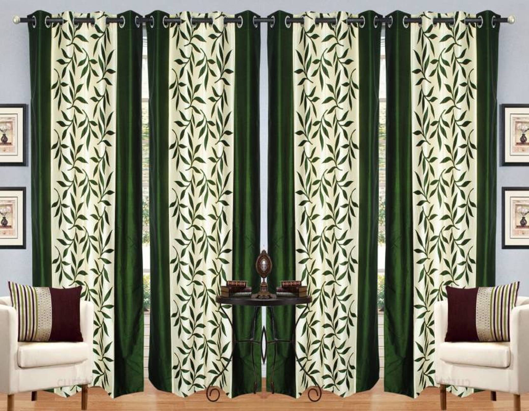 N2C Home Floral Semi-Transparent Eyelet Curtain 7 ft ( Pack of 4 ) - Green N2C Home Floral Semi-Transparent Eyelet Curtain 7 ft ( Pack of 4 ) - Green