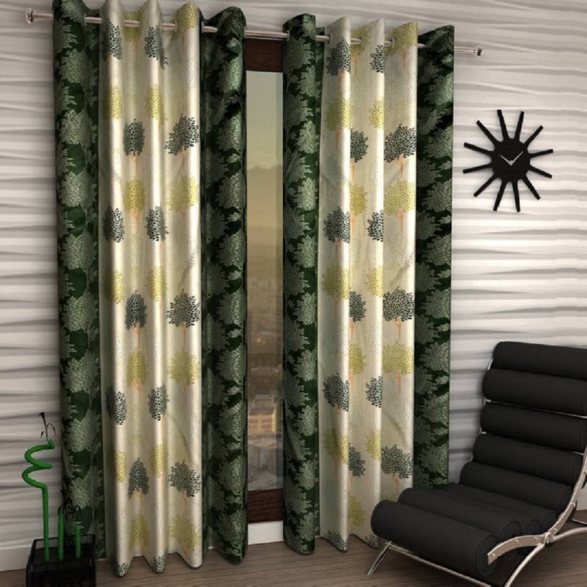 N2C Home Floral Semi-Transparent Eyelet Curtain 5 ft ( Pack of 2 ) - Green N2C Home Floral Semi-Transparent Eyelet Curtain 5 ft ( Pack of 2 ) - Green