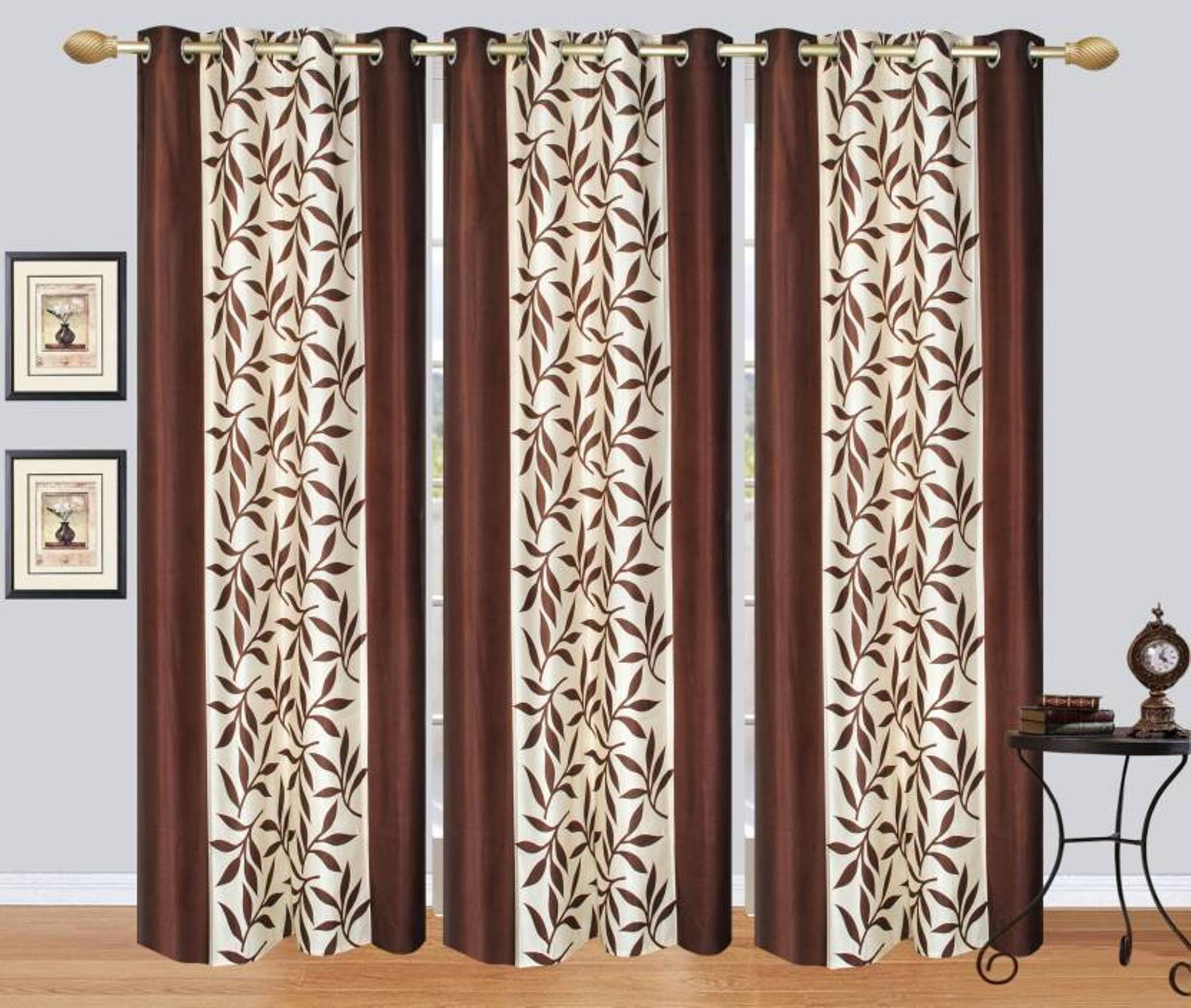     			N2C Home Floral Semi-Transparent Eyelet Curtain 5 ft ( Pack of 3 ) - Brown