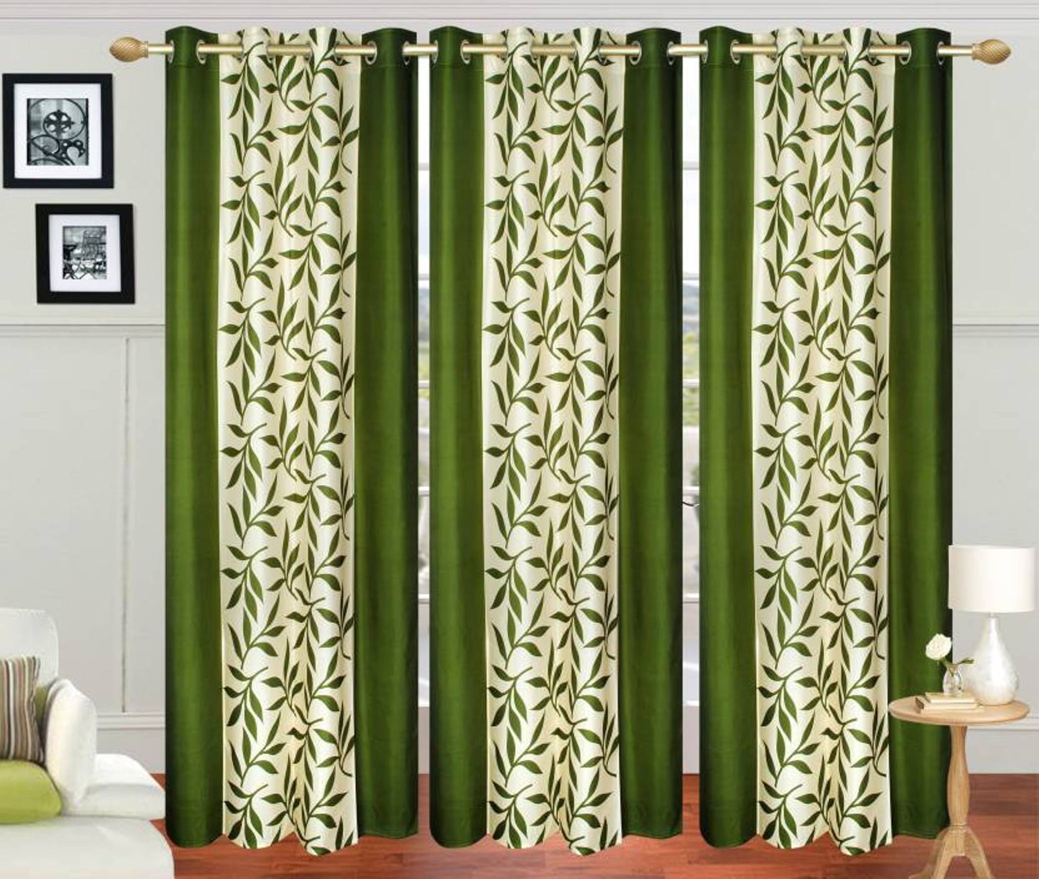 N2C Home Floral Semi-Transparent Eyelet Curtain 7 ft ( Pack of 3 ) - Green N2C Home Floral Semi-Transparent Eyelet Curtain 7 ft ( Pack of 3 ) - Green