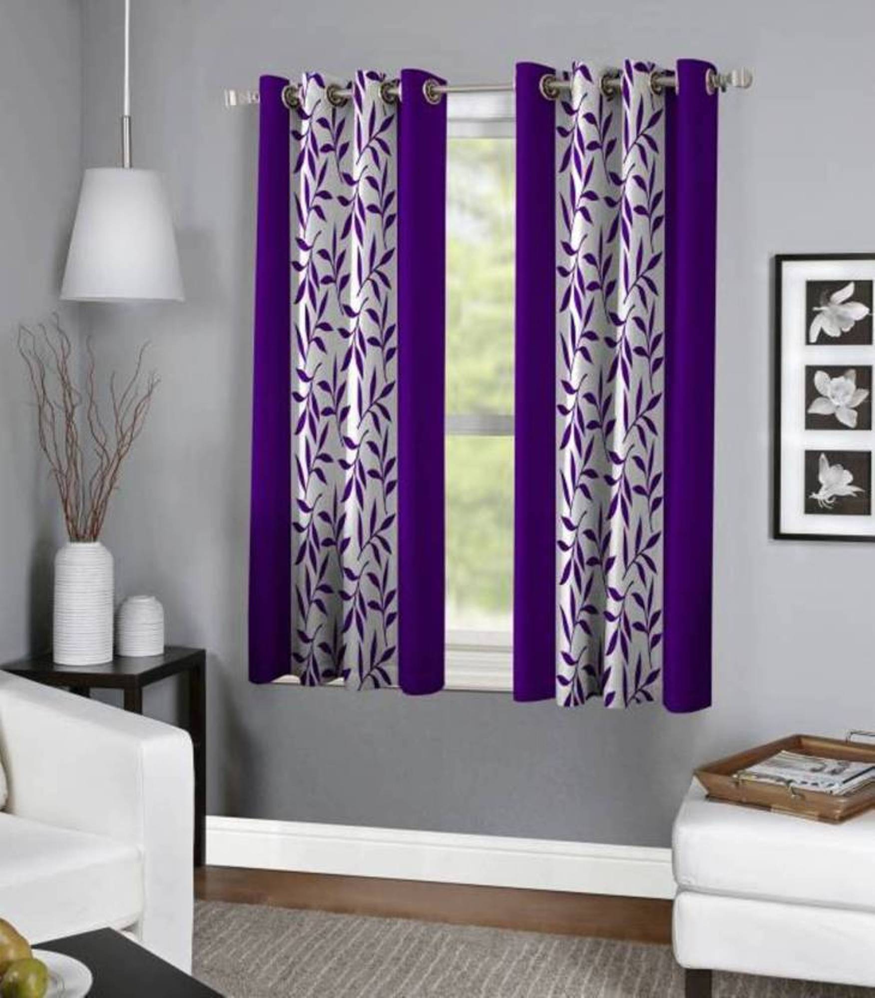     			N2C Home Floral Semi-Transparent Eyelet Curtain 5 ft ( Pack of 2 ) - Purple