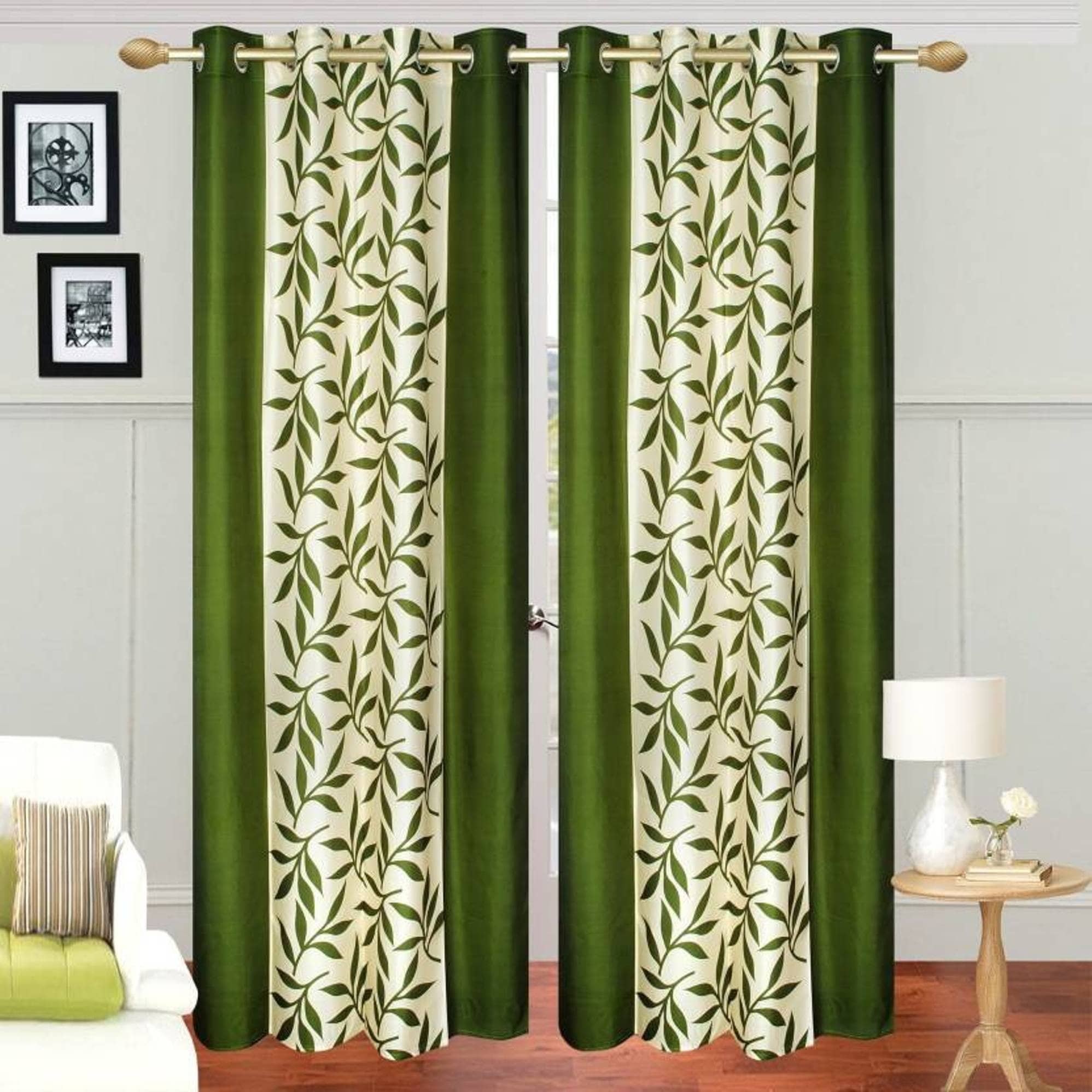 N2C Home Floral Semi-Transparent Eyelet Curtain 7 ft ( Pack of 2 ) - Green
