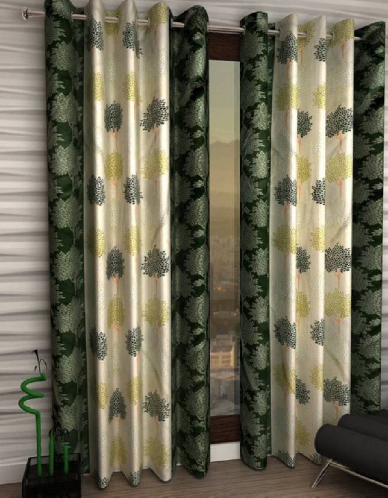 N2C Home Floral Semi-Transparent Eyelet Curtain 7 ft ( Pack of 2 ) - Green N2C Home Floral Semi-Transparent Eyelet Curtain 7 ft ( Pack of 2 ) - Green