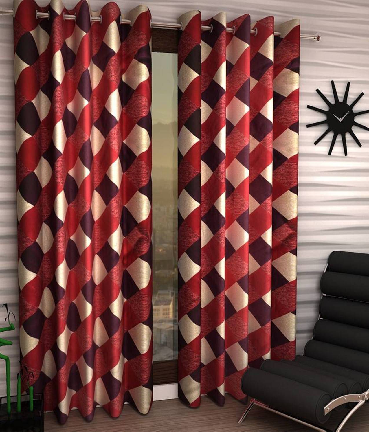 N2C Home Geometric Semi-Transparent Eyelet Curtain 9 ft ( Pack of 2 ) - Red N2C Home Geometric Semi-Transparent Eyelet Curtain 9 ft ( Pack of 2 ) - Red
