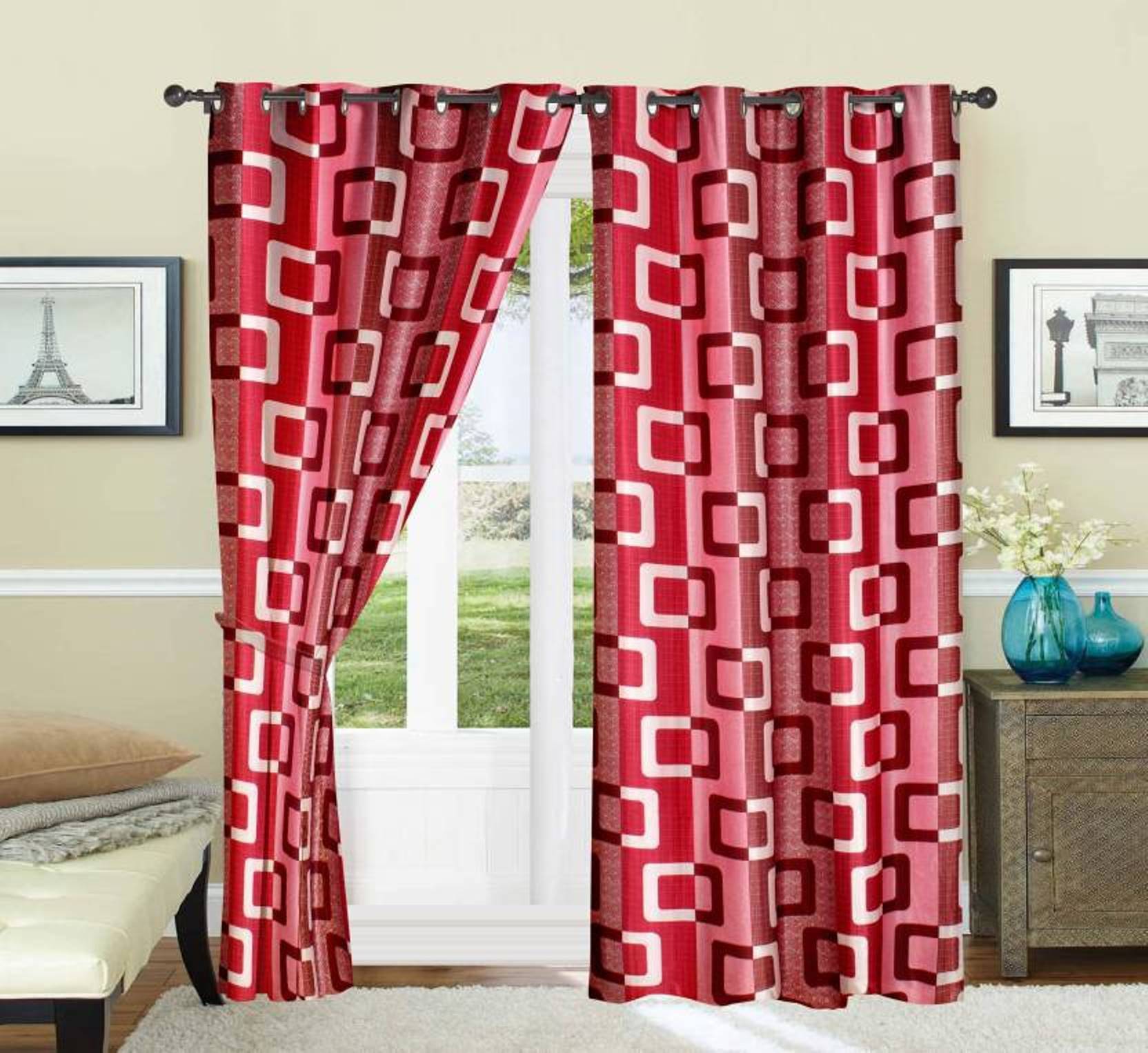 N2C Home Small Checks Semi-Transparent Eyelet Curtain 7 ft ( Pack of 2 ) - Maroon N2C Home Small Checks Semi-Transparent Eyelet Curtain 7 ft ( Pack of 2 ) - Maroon