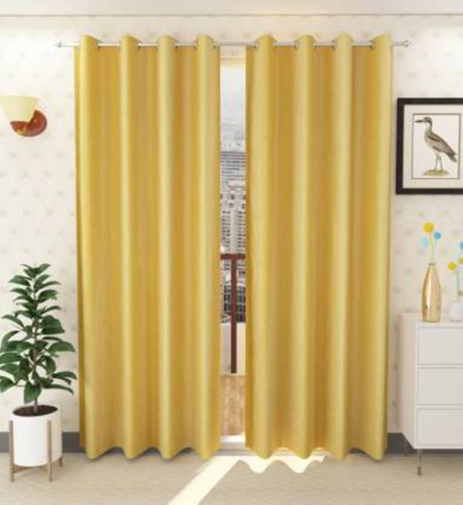 N2C Home Solid Semi-Transparent Eyelet Curtain 7 ft ( Pack of 2 ) - Yellow N2C Home Solid Semi-Transparent Eyelet Curtain 7 ft ( Pack of 2 ) - Yellow