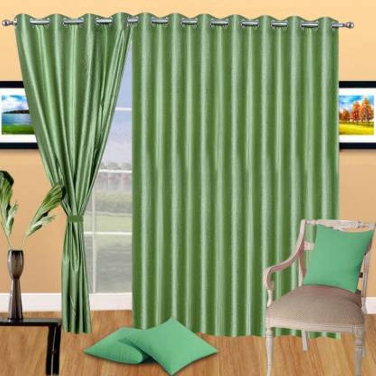 N2C Home Solid Semi-Transparent Eyelet Curtain 9 ft ( Pack of 3 ) - Green N2C Home Solid Semi-Transparent Eyelet Curtain 9 ft ( Pack of 3 ) - Green