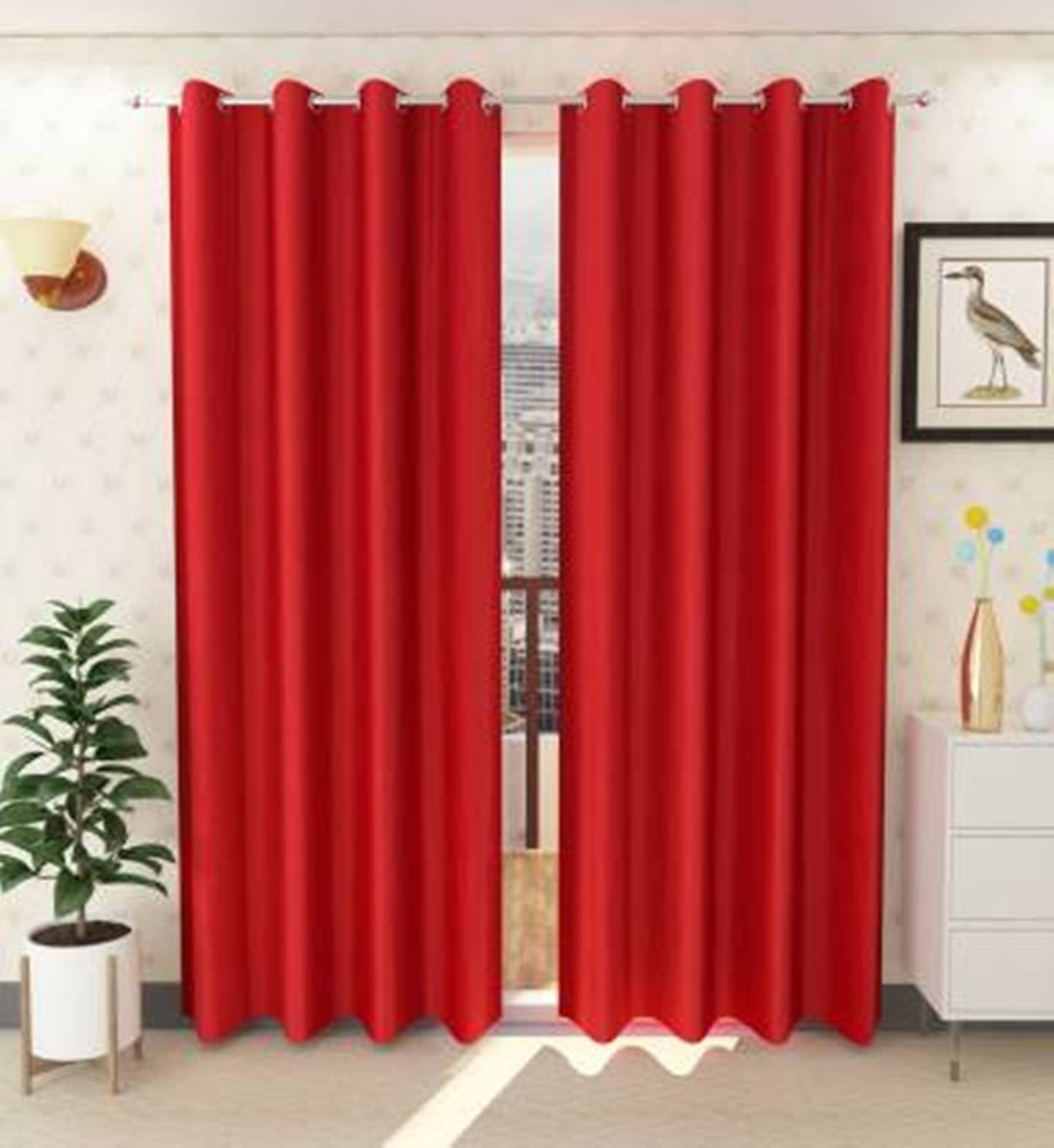 N2C Home Solid Semi-Transparent Eyelet Curtain 7 ft ( Pack of 2 ) - Red N2C Home Solid Semi-Transparent Eyelet Curtain 7 ft ( Pack of 2 ) - Red