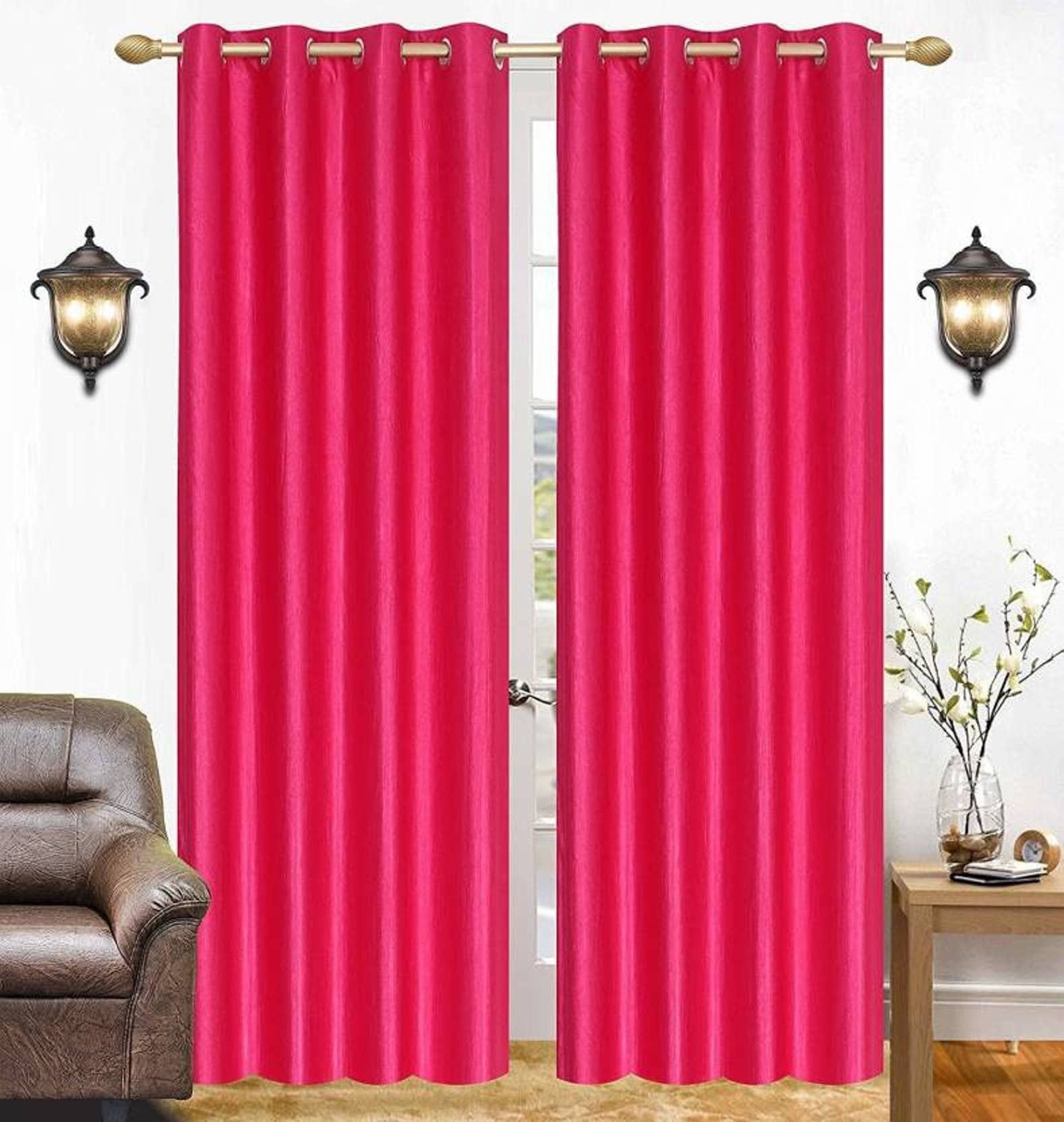 N2C Home Solid Semi-Transparent Eyelet Curtain 7 ft ( Pack of 2 ) - Pink