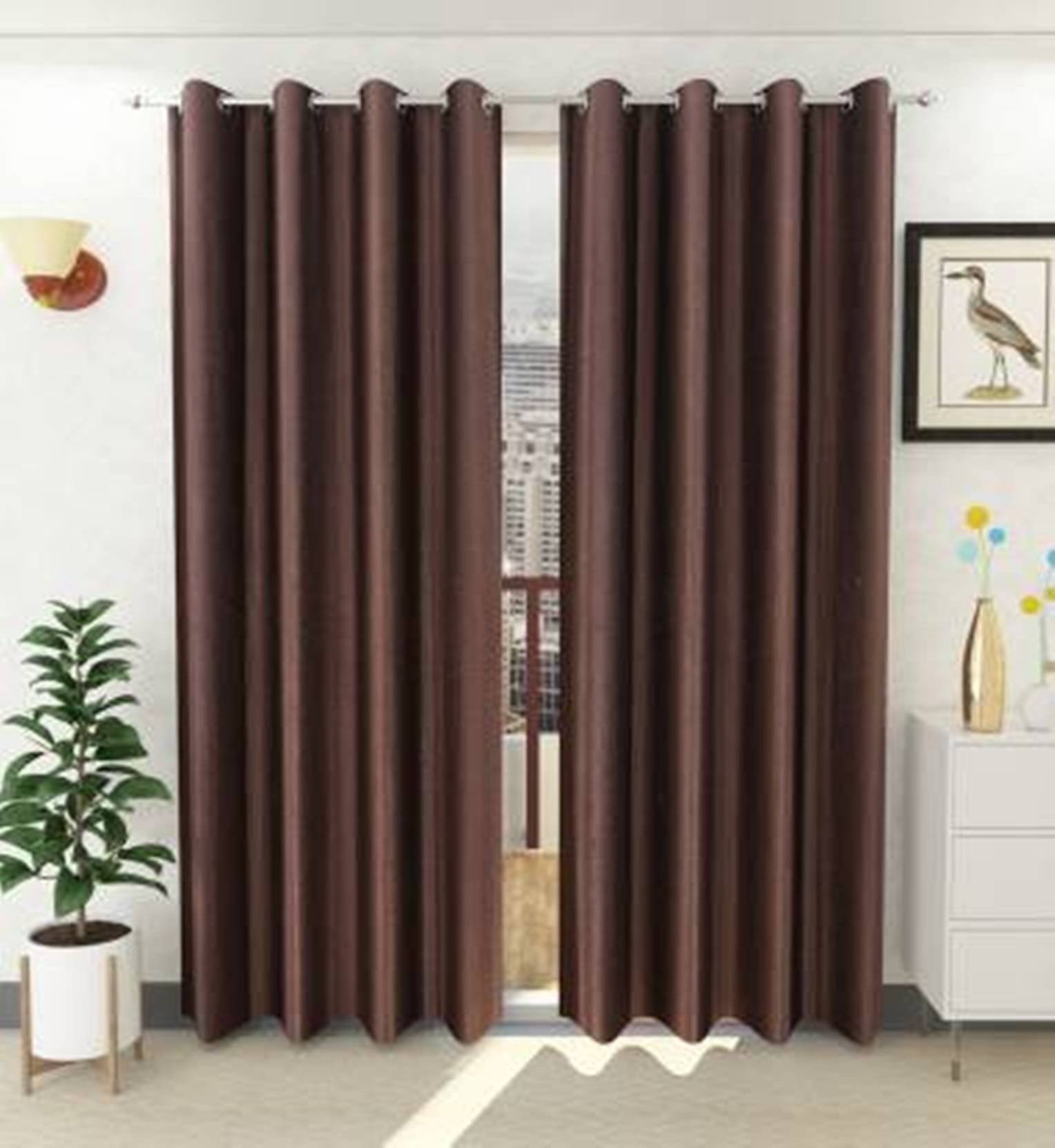     			N2C Home Solid Semi-Transparent Eyelet Curtain 9 ft ( Pack of 2 ) - Brown