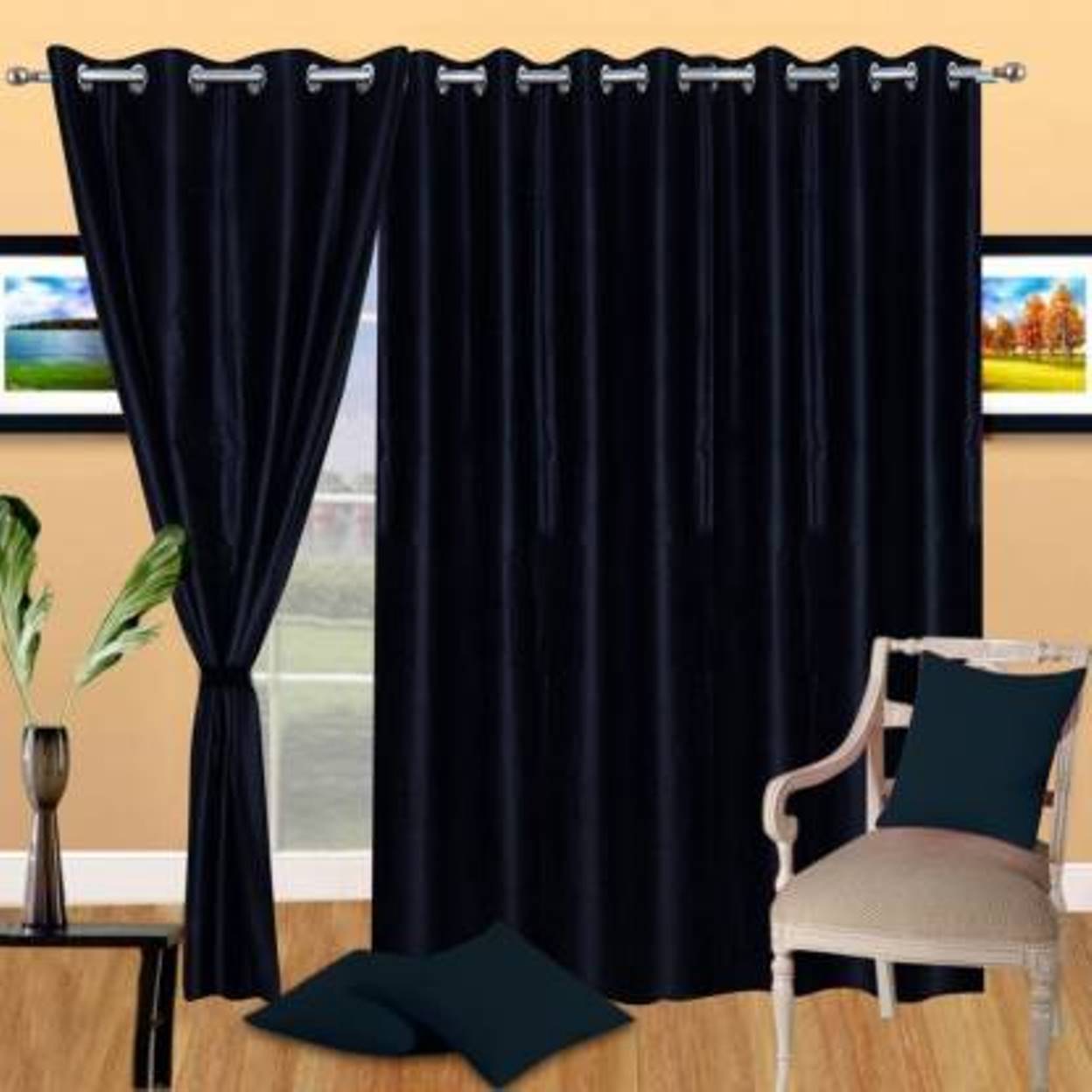 N2C Home Solid Semi-Transparent Eyelet Curtain 9 ft ( Pack of 3 ) - Black N2C Home Solid Semi-Transparent Eyelet Curtain 9 ft ( Pack of 3 ) - Black
