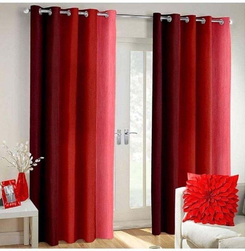     			N2C Home Vertical Striped Semi-Transparent Eyelet Curtain 5 ft ( Pack of 2 ) - Red