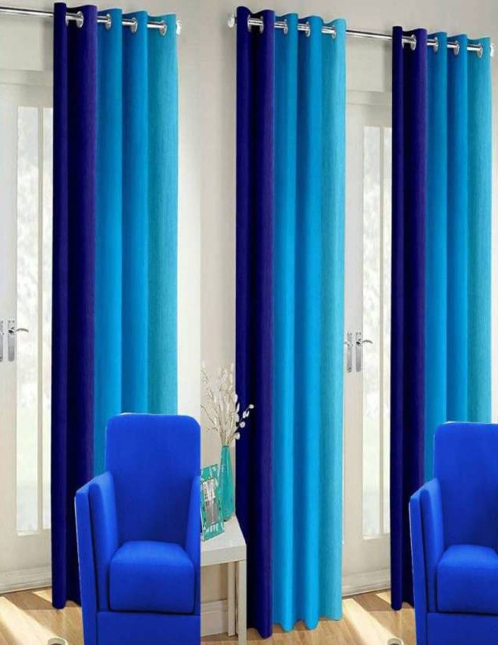 N2C Home Vertical Striped Semi-Transparent Eyelet Curtain 7 ft ( Pack of 3 ) - Blue N2C Home Vertical Striped Semi-Transparent Eyelet Curtain 7 ft ( Pack of 3 ) - Blue