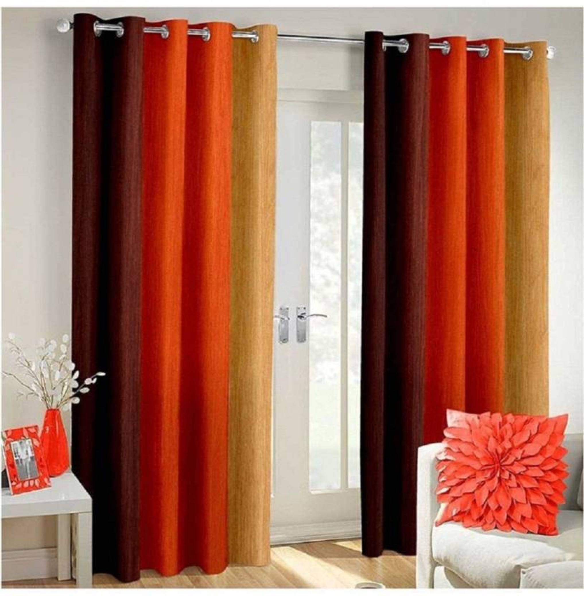     			N2C Home Vertical Striped Semi-Transparent Eyelet Curtain 9 ft ( Pack of 2 ) - Orange