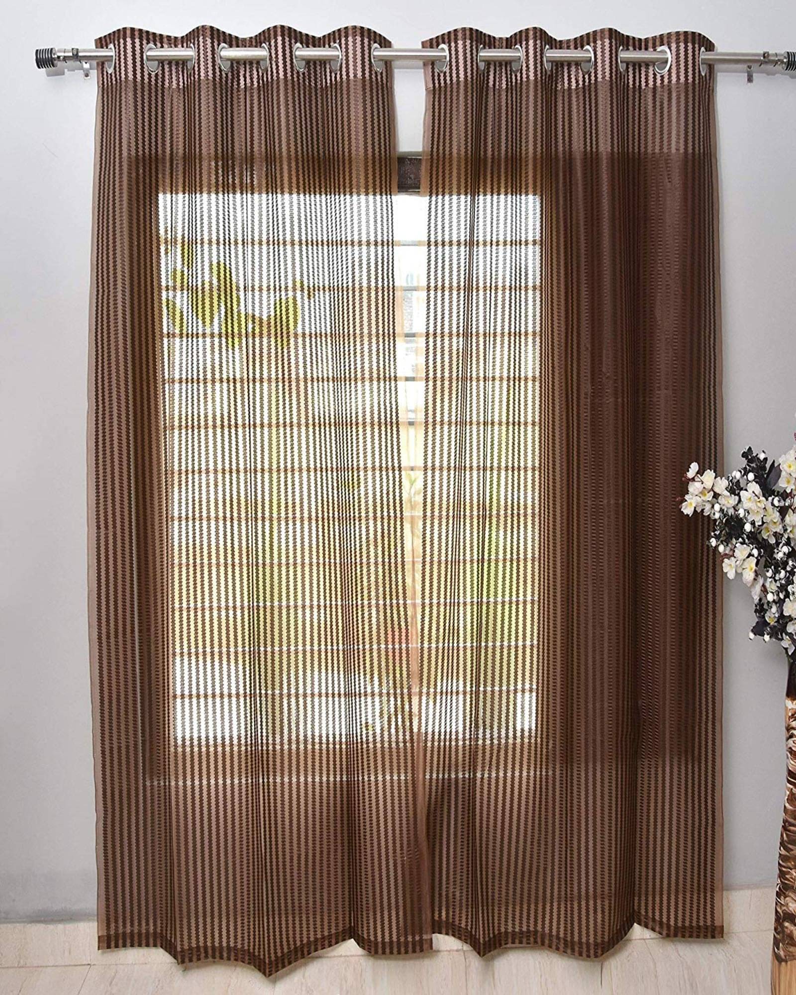     			N2C Home Vertical Striped Semi-Transparent Eyelet Curtain 9 ft ( Pack of 2 ) - Brown