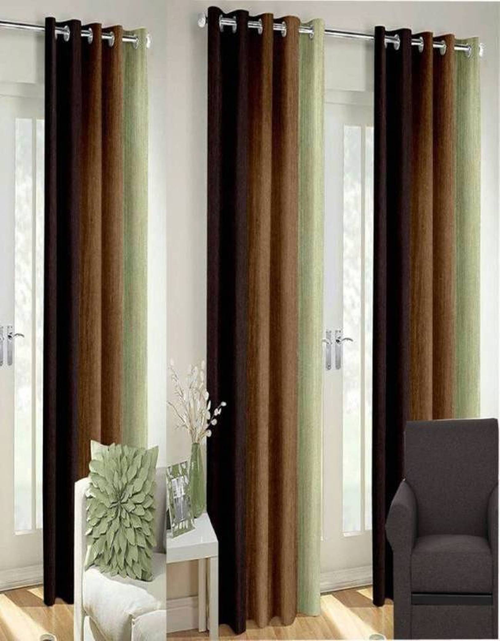     			N2C Home Vertical Striped Semi-Transparent Eyelet Curtain 7 ft ( Pack of 3 ) - Brown