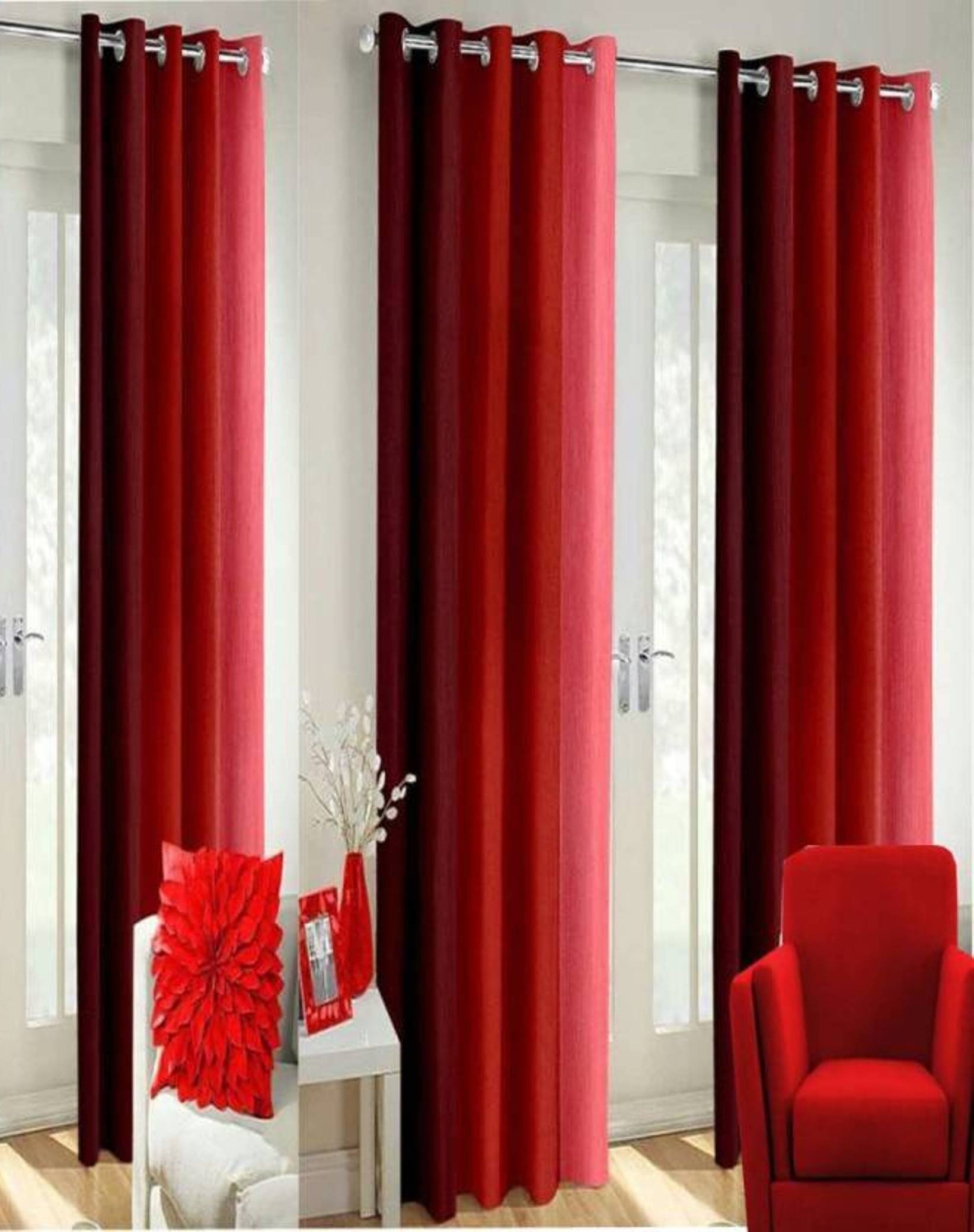 N2C Home Vertical Striped Semi-Transparent Eyelet Curtain 5 ft ( Pack of 3 ) - Red N2C Home Vertical Striped Semi-Transparent Eyelet Curtain 5 ft ( Pack of 3 ) - Red