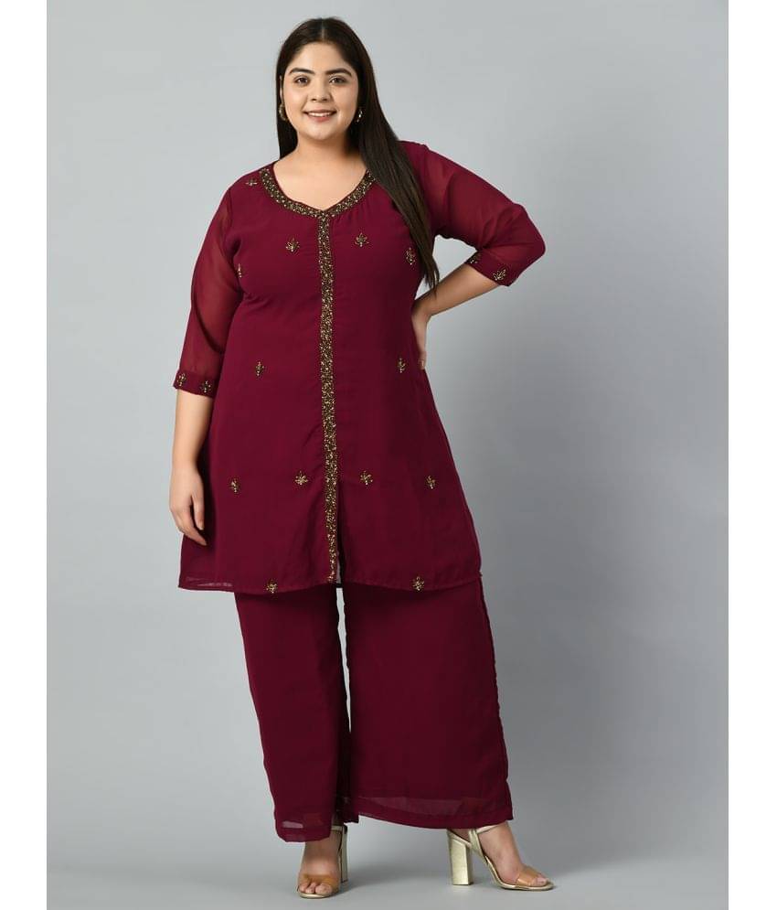 PrettyPlus by Desinoor.com Georgette Embroidered Kurti With Palazzo Women's Stitched Salwar Suit - Wine ( Pack of 1 ) PrettyPlus by Desinoor.com Georgette Embroidered Kurti With Palazzo Women's Stitched Salwar Suit - Wine ( Pack of 1 )