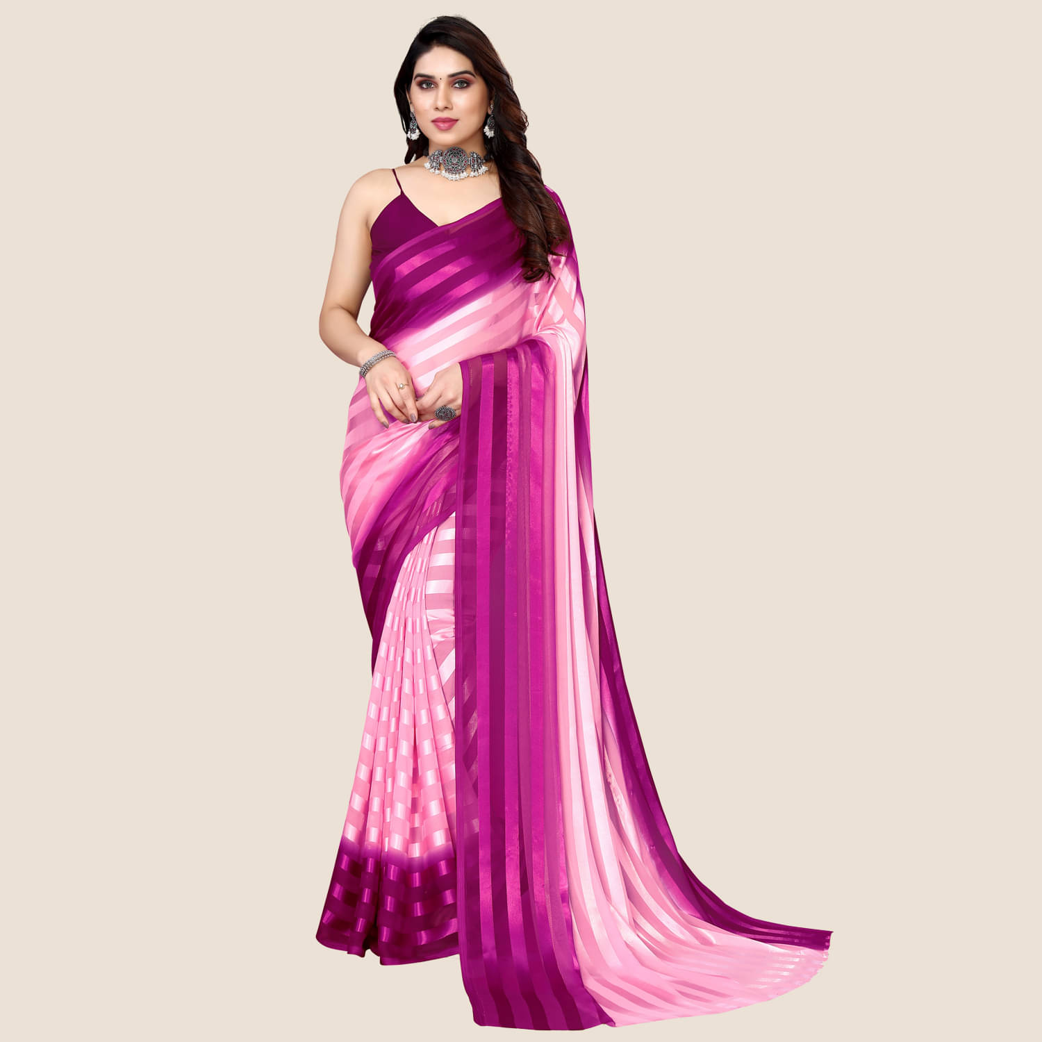 Kashvi Sarees Satin Striped Saree Without Blouse Piece ( Pink )     			Kashvi Sarees Satin Striped Saree Without Blouse Piece ( Pink )