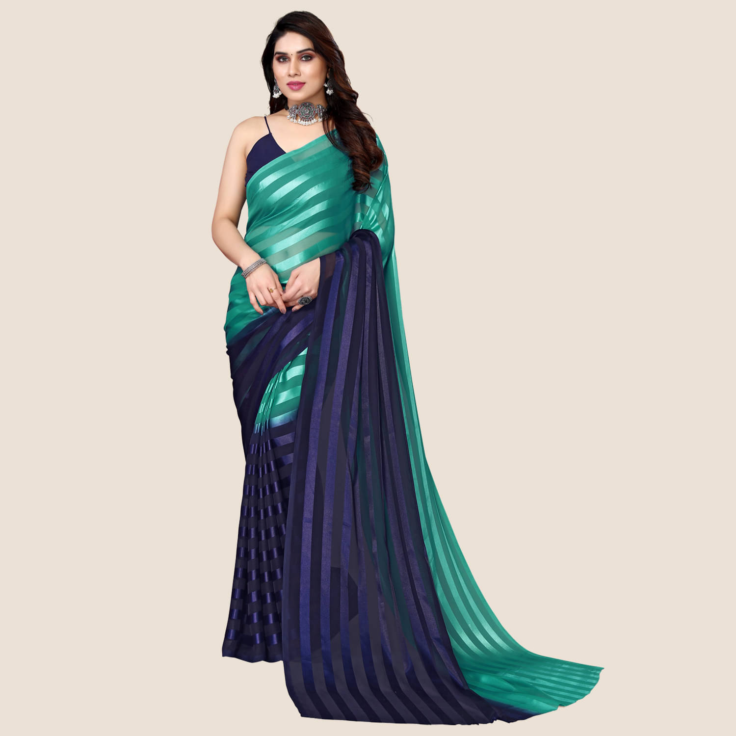     			Kashvi Sarees Satin Striped Saree With Unstitched Blouse Piece ( Green )
