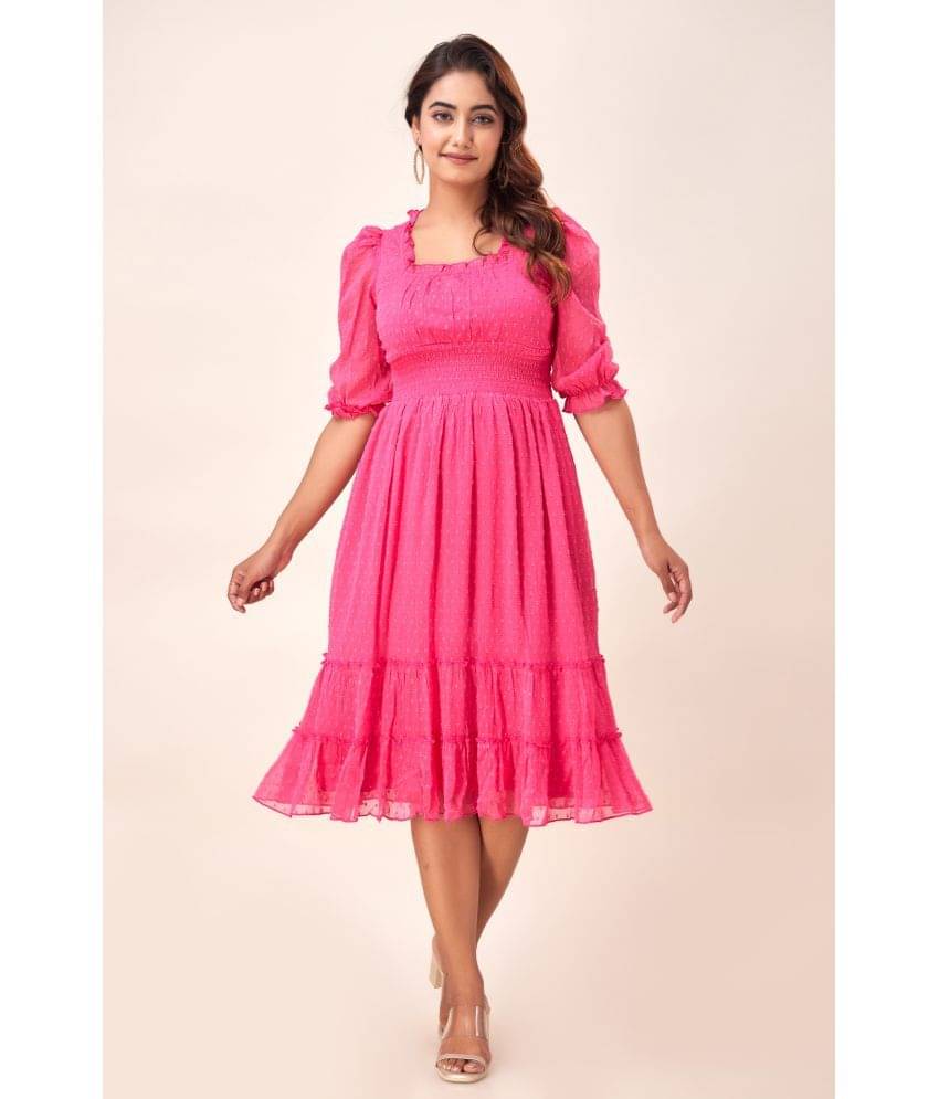 FabbibaPrints Chiffon Self Design Midi Women's Fit & Flare Dress - Pink ( Pack of 1 ) FabbibaPrints Chiffon Self Design Midi Women's Fit & Flare Dress - Pink ( Pack of 1 )