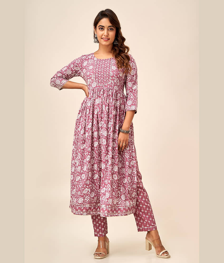 FabbibaPrints Cotton Printed Anarkali Women's Kurti - Mauve ( Pack of 1 ) - Kurtis, Tunics | Buy online on ZillyBuy