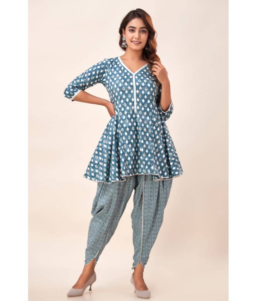 NeshamaKurti Cotton Printed Kurti With Dhoti Pants Women's Stitched Salwar Suit - Teal ( Pack of 1 ) NeshamaKurti Cotton Printed Kurti With Dhoti Pants Women's Stitched Salwar Suit - Teal ( Pack of 1 )