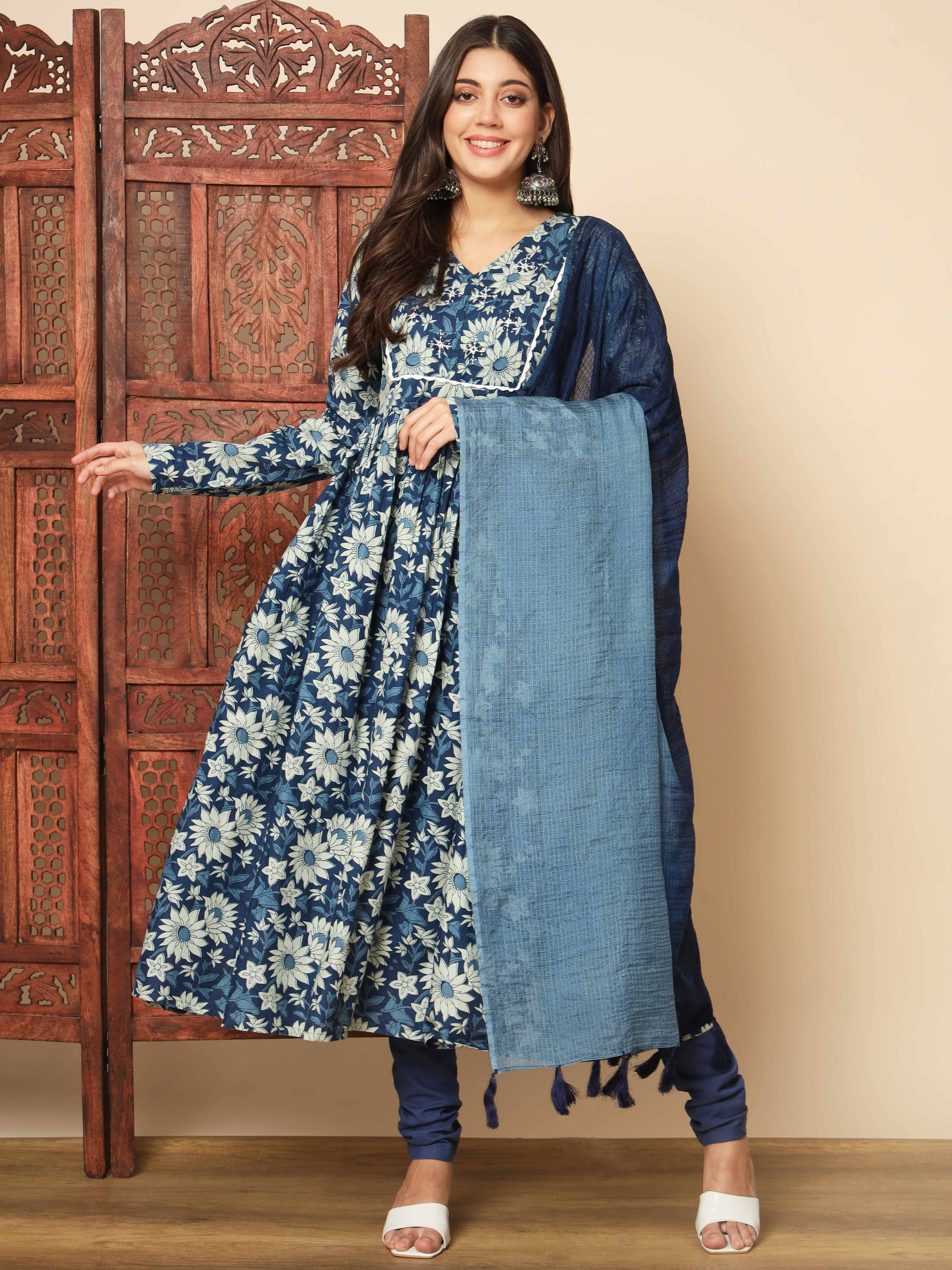 Vbuyz Women Cotton Printed Anarkali Kurti With Churidar ( Blue ) Vbuyz Women Cotton Printed Anarkali Kurti With Churidar ( Blue )