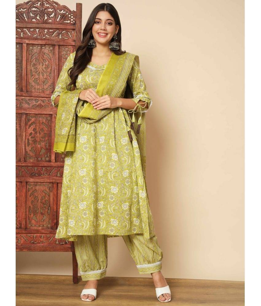     			Vbuyz Cotton Printed Kurti With Pants Women's Stitched Salwar Suit - Green ( Pack of 1 )