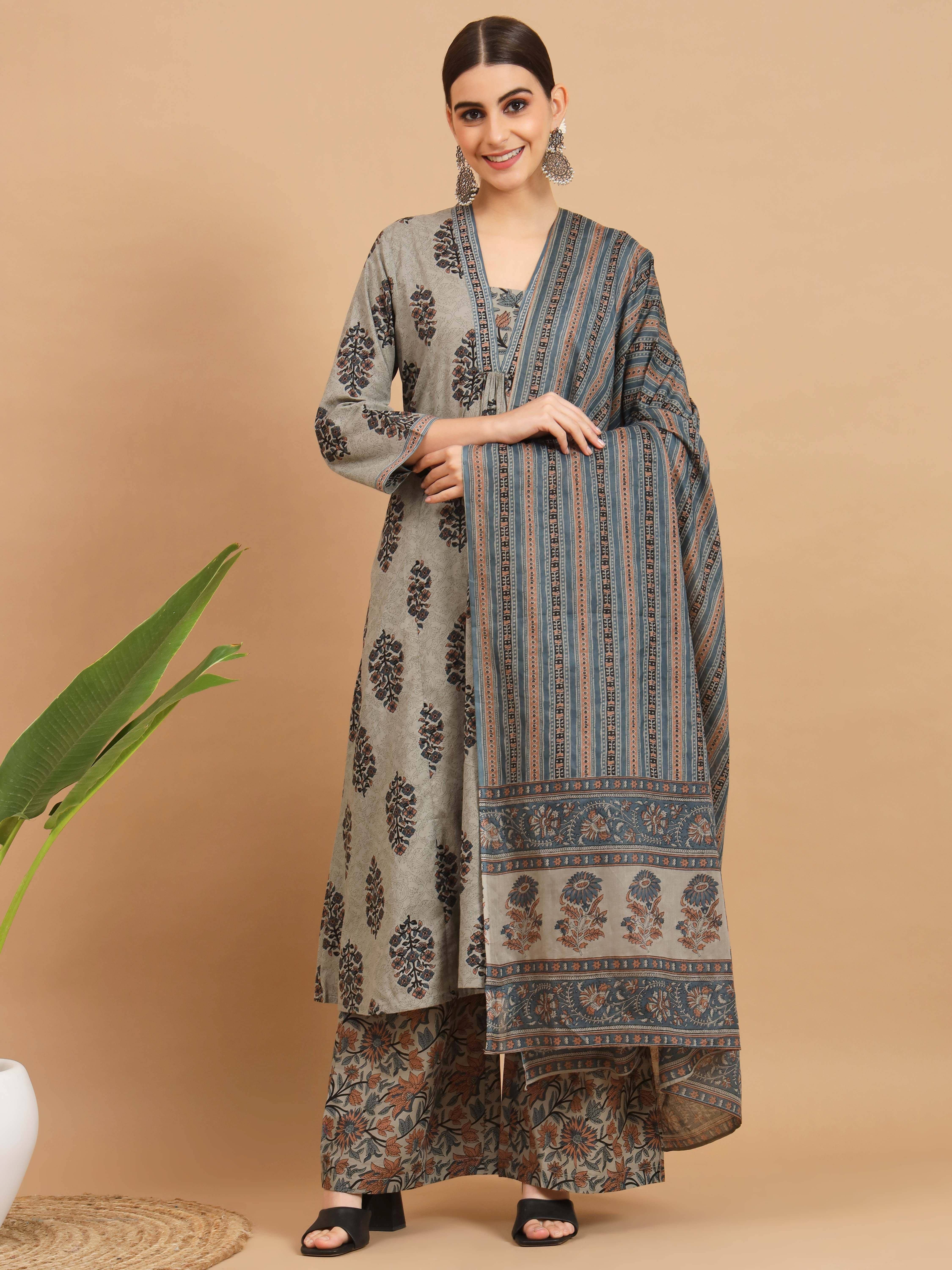 Vbuyz Cotton Printed Kurti With Pants Women's Stitched Salwar Suit - Grey ( Pack of 1 )