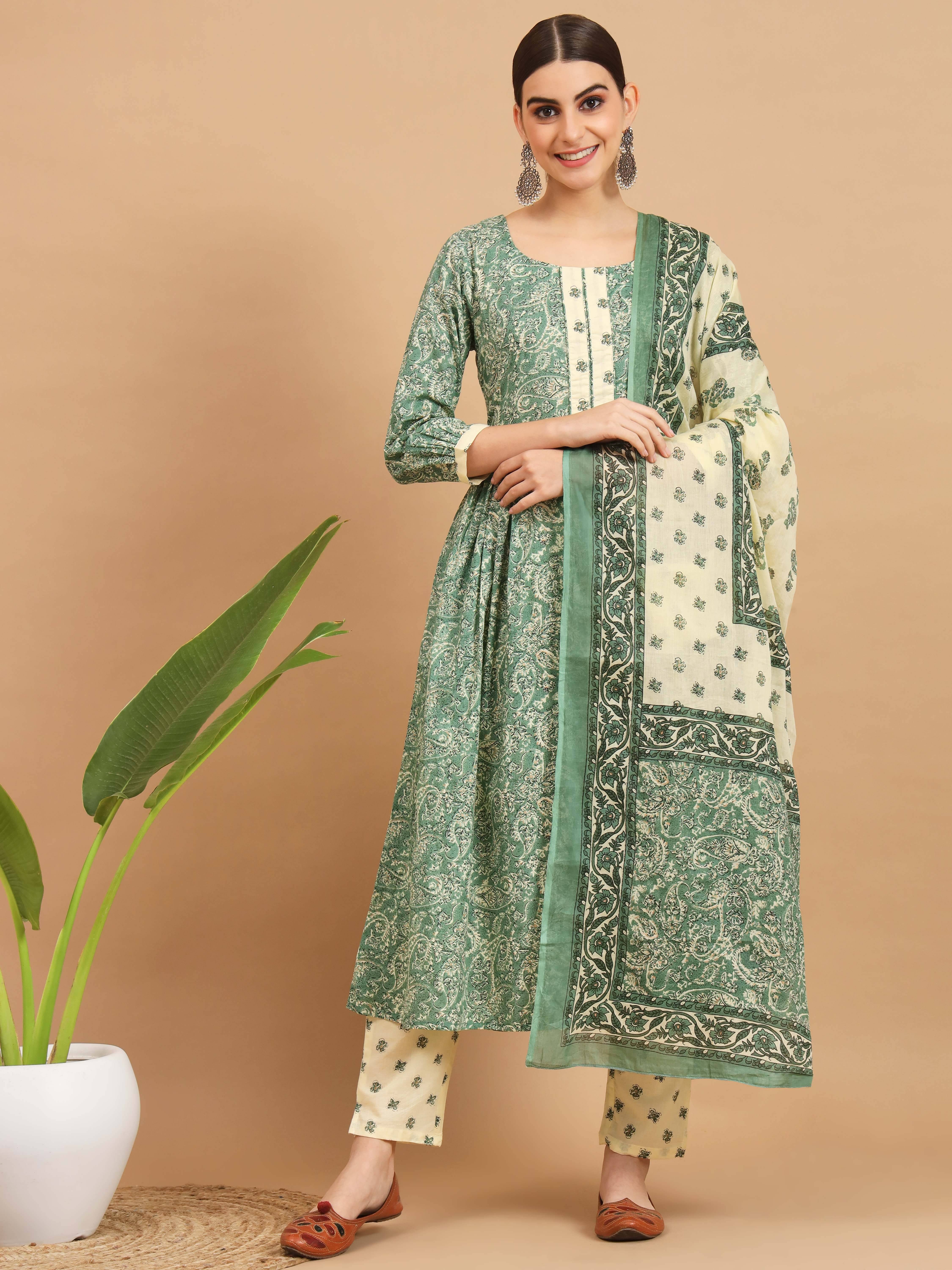     			Vbuyz Cotton Printed Kurti With Pants Women's Stitched Salwar Suit - Green ( Pack of 1 )