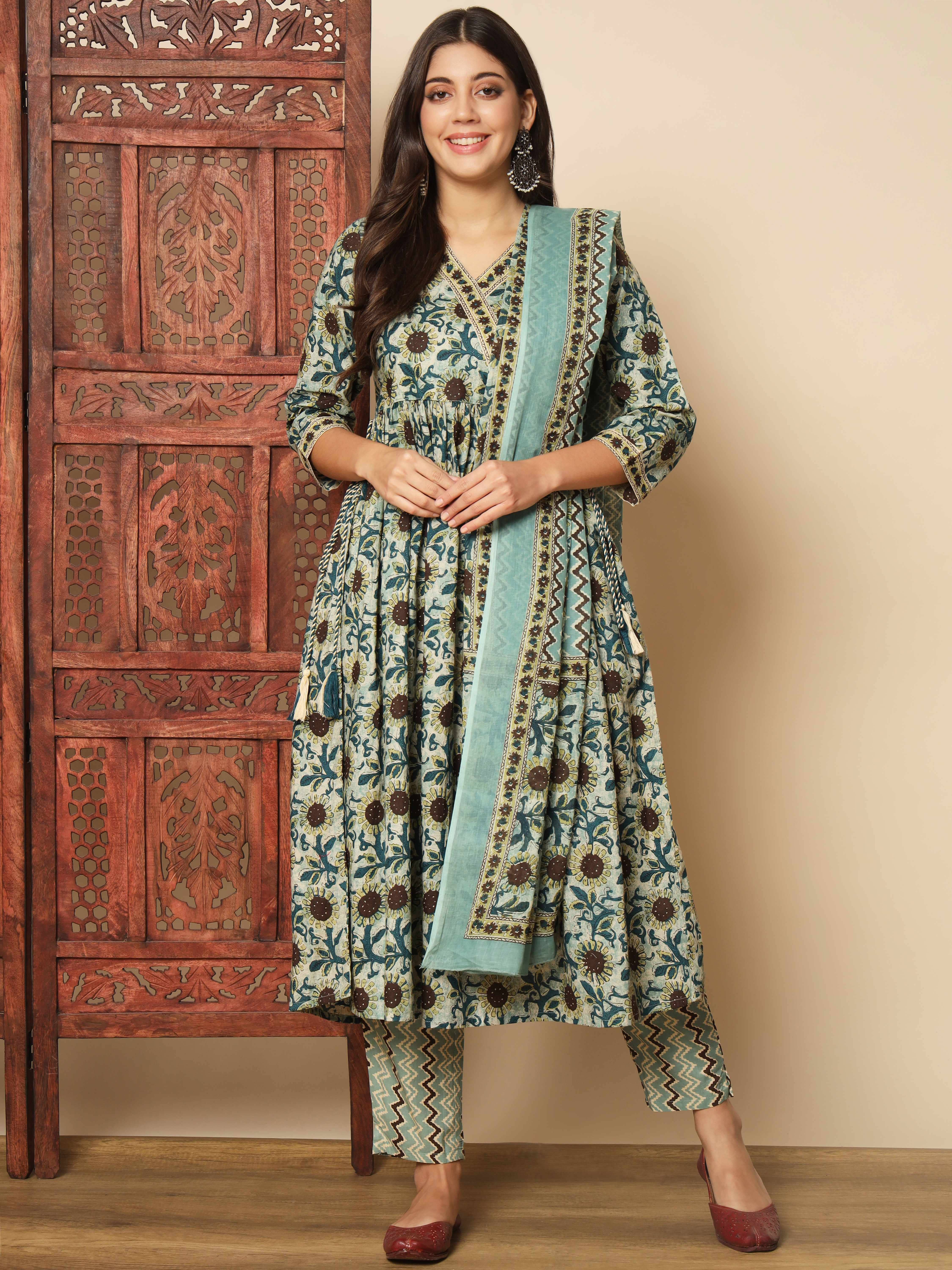 Vbuyz Cotton Printed Kurti With Pants Women's Stitched Salwar Suit - Teal ( Pack of 1 )