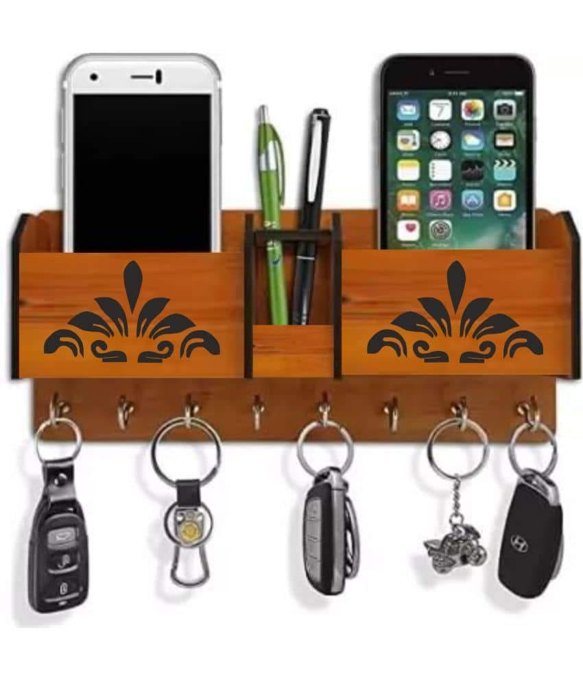 Big Boss Enterprises Flower with 2 Pocket Mobile Holder, Pen Stand Wood Key Holder Stand (8 Hooks, Brown) - Stationery | Buy online on ZillyBuy