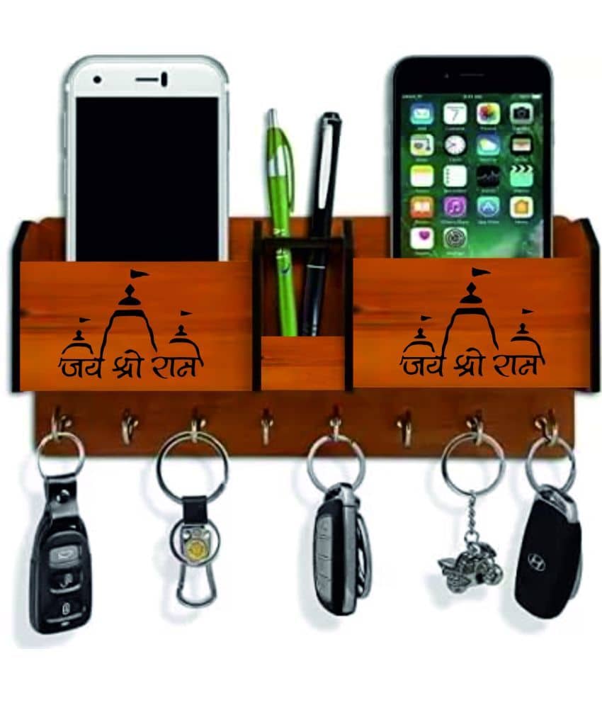Big Boss Enterprises Jai Shree Ram with Temple Design 2 Pocket Mobile Holder, Pen Stand Wood Key Holder Stand (8 Hooks, Brown) - Stationery | Buy online on ZillyBuy