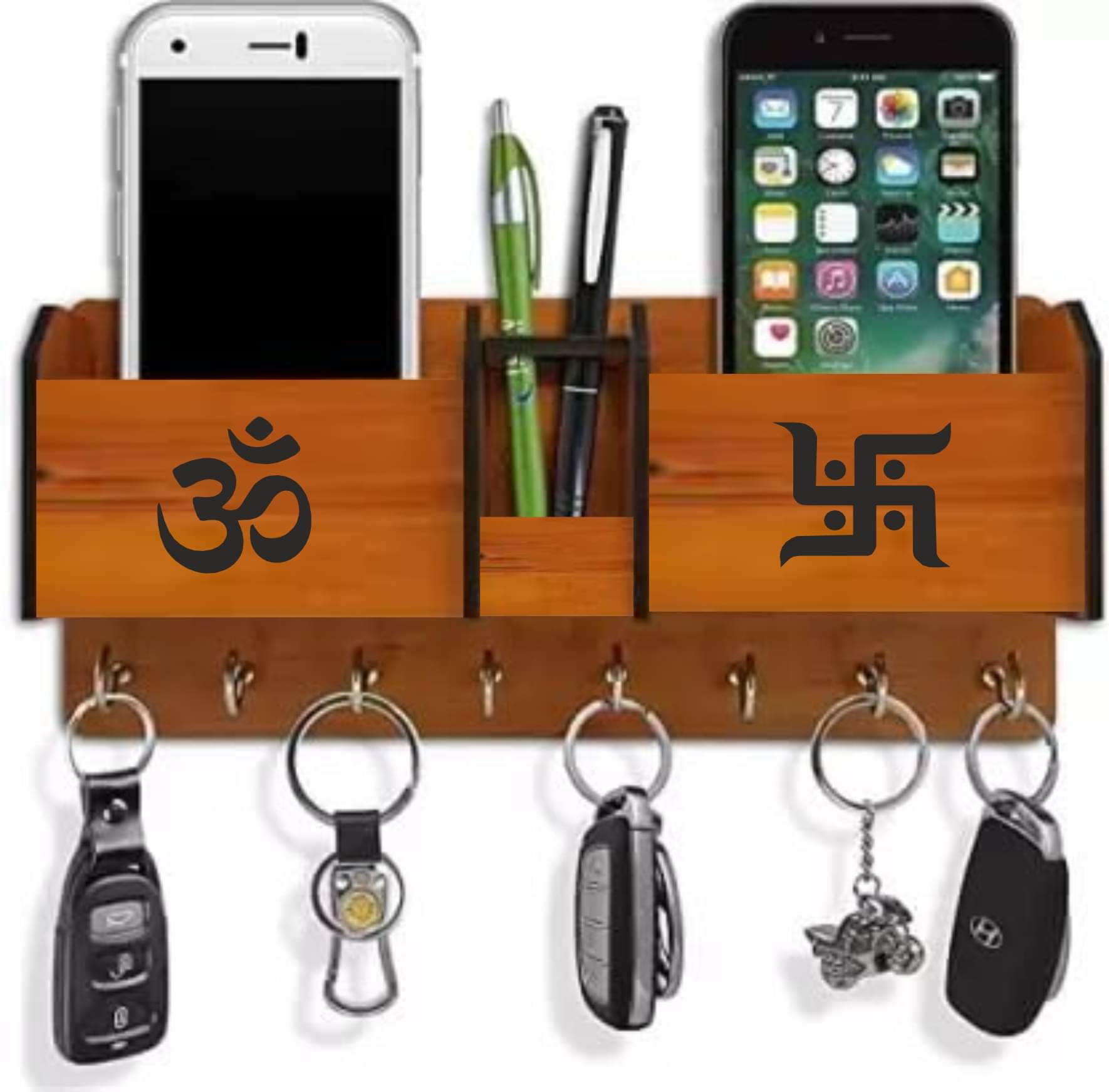     			Big Boss Enterprises Om Swastic with 2 Pocket Mobile Holder, Pen Stand Wood Key Holder Stand (8 Hooks, Brown)