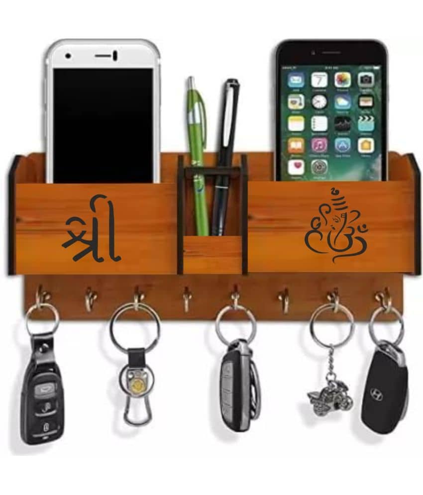 Big Boss Enterprises Shree Hindi Ganpati with 2 Pocket Mobile Holder, Pen Stand Wood Key Holder Stand (8 Hooks, Brown) - Stationery | Buy online on ZillyBuy