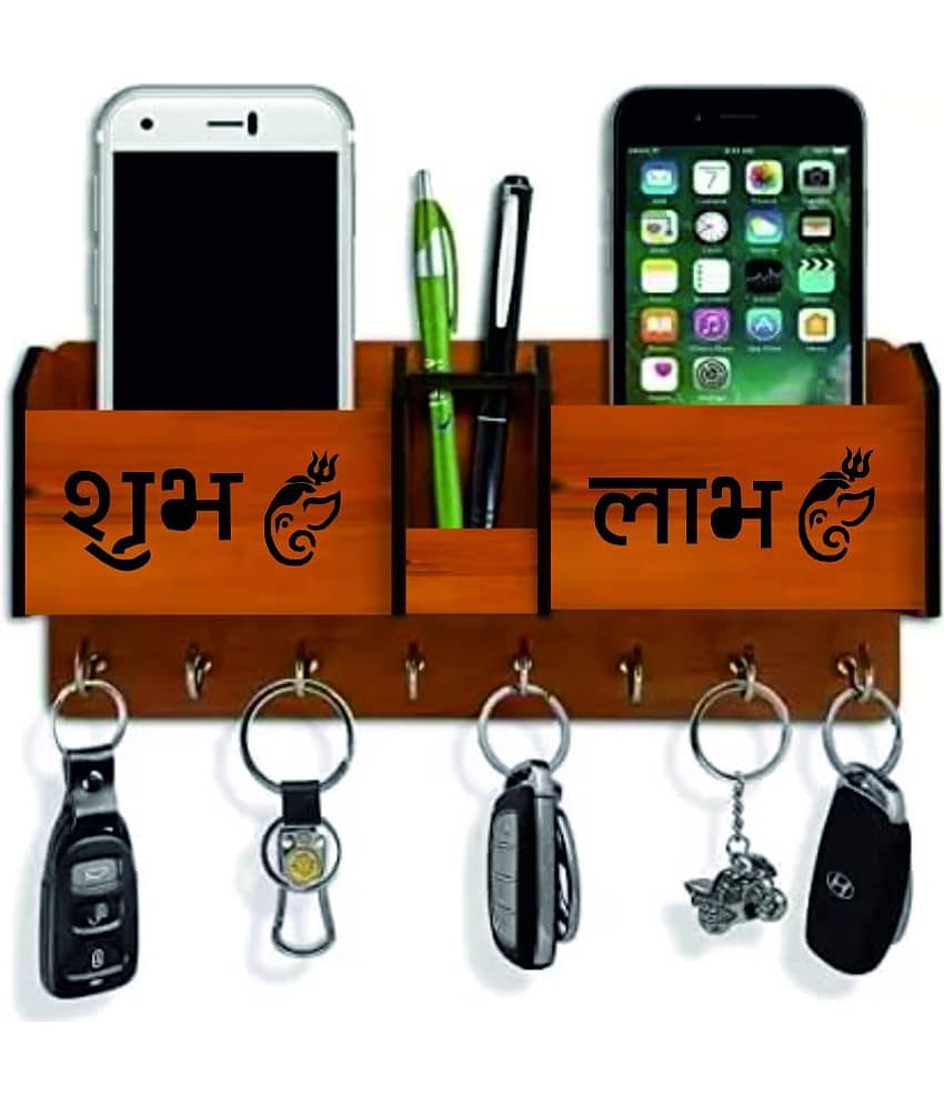 Big Boss Enterprises Shubh Labh Ganpati with 2 Pocket Mobile Holder, Pen Stand Wood Key Holder Stand (8 Hooks, Brown) - Stationery | Buy online on ZillyBuy