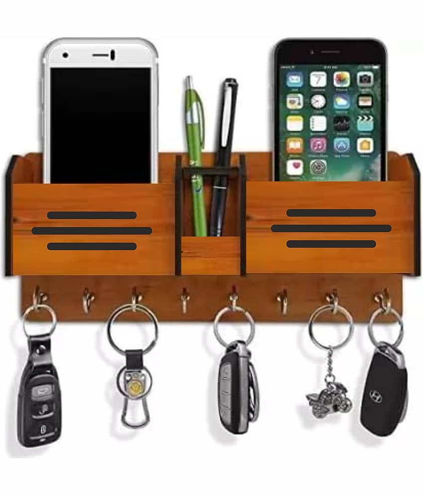Big Boss Enterprises Simple Design with 2 Pocket Mobile Holder, Pen Stand Wood Key Holder Stand (8 Hooks, Brown) - Stationery | Buy online on ZillyBuy