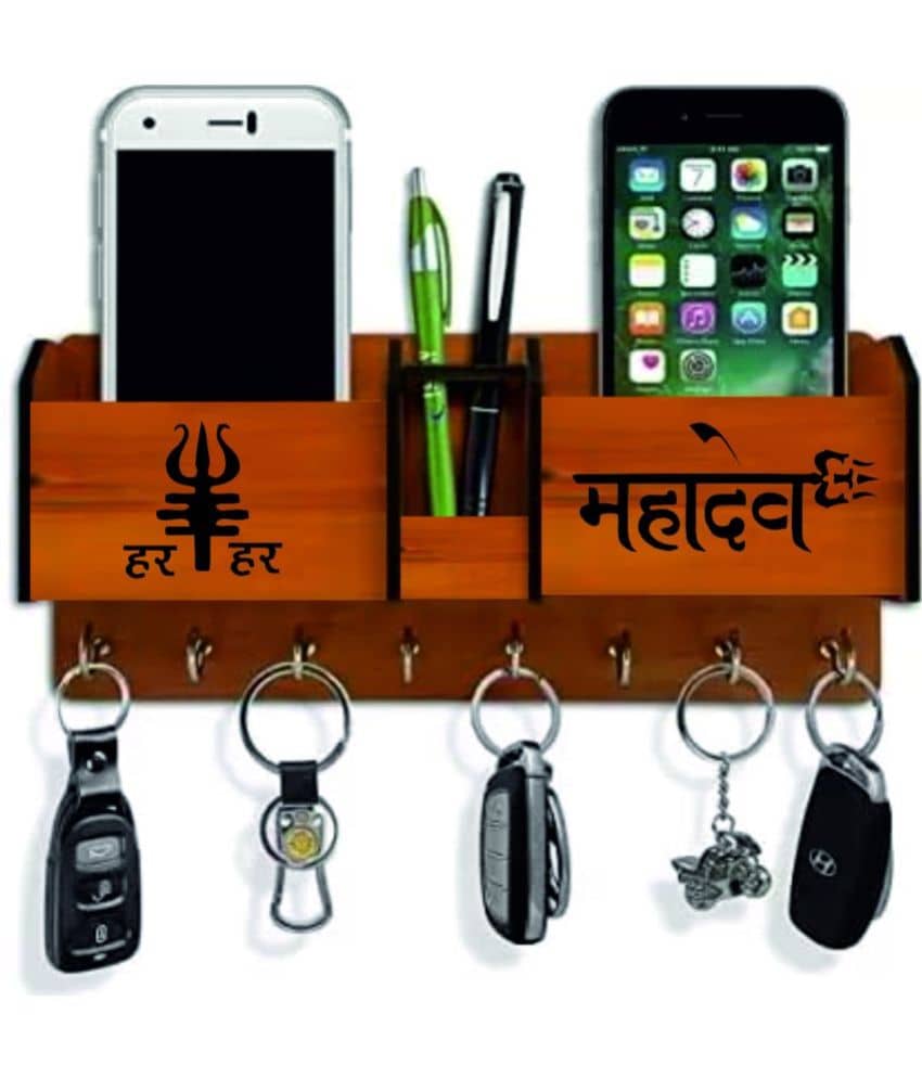 Big Boss Enterprises with Har Har Mahadev 2 Pocket Mobile Holder, Pen Stand Wood Key Holder Stand (8 Hooks, Brown) - Stationery | Buy online on ZillyBuy