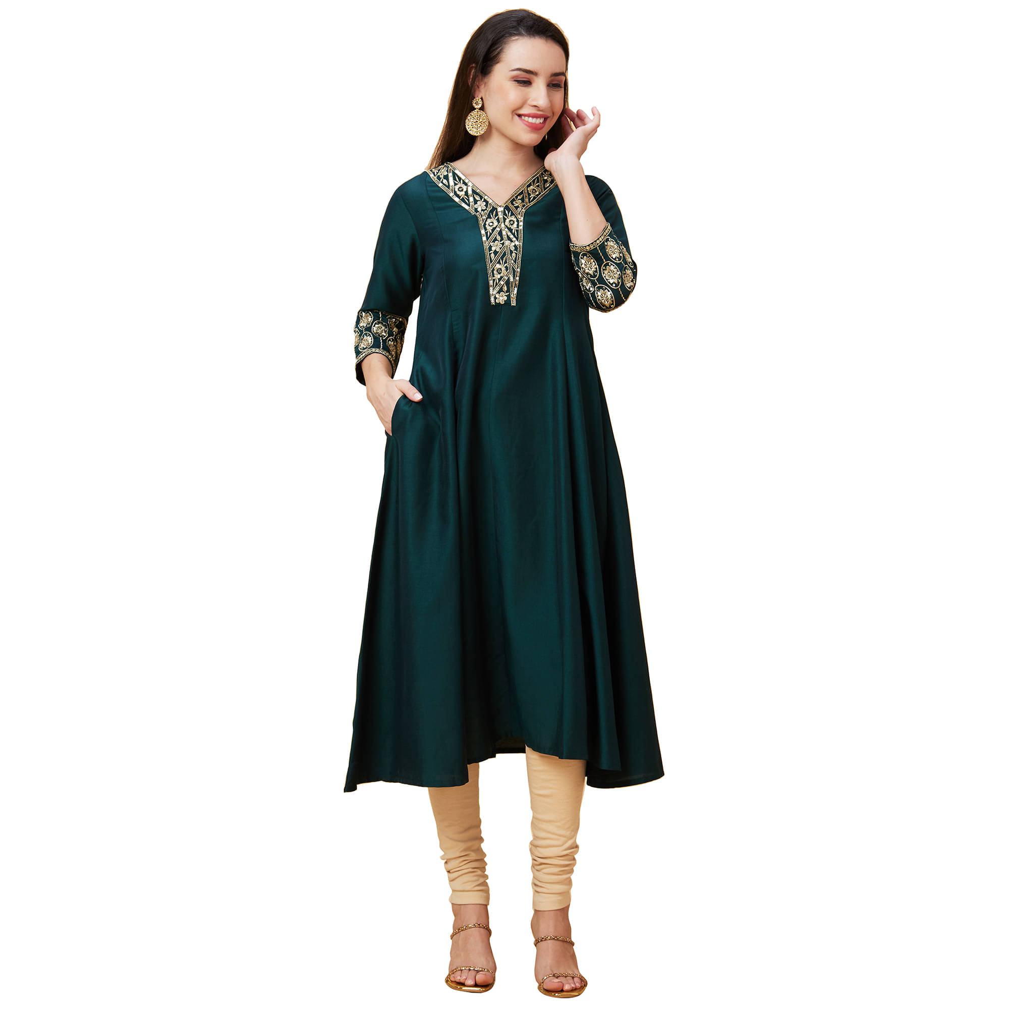     			Globus Polyester Embroidered A-line Women's Kurti - Green ( Pack of 1 )